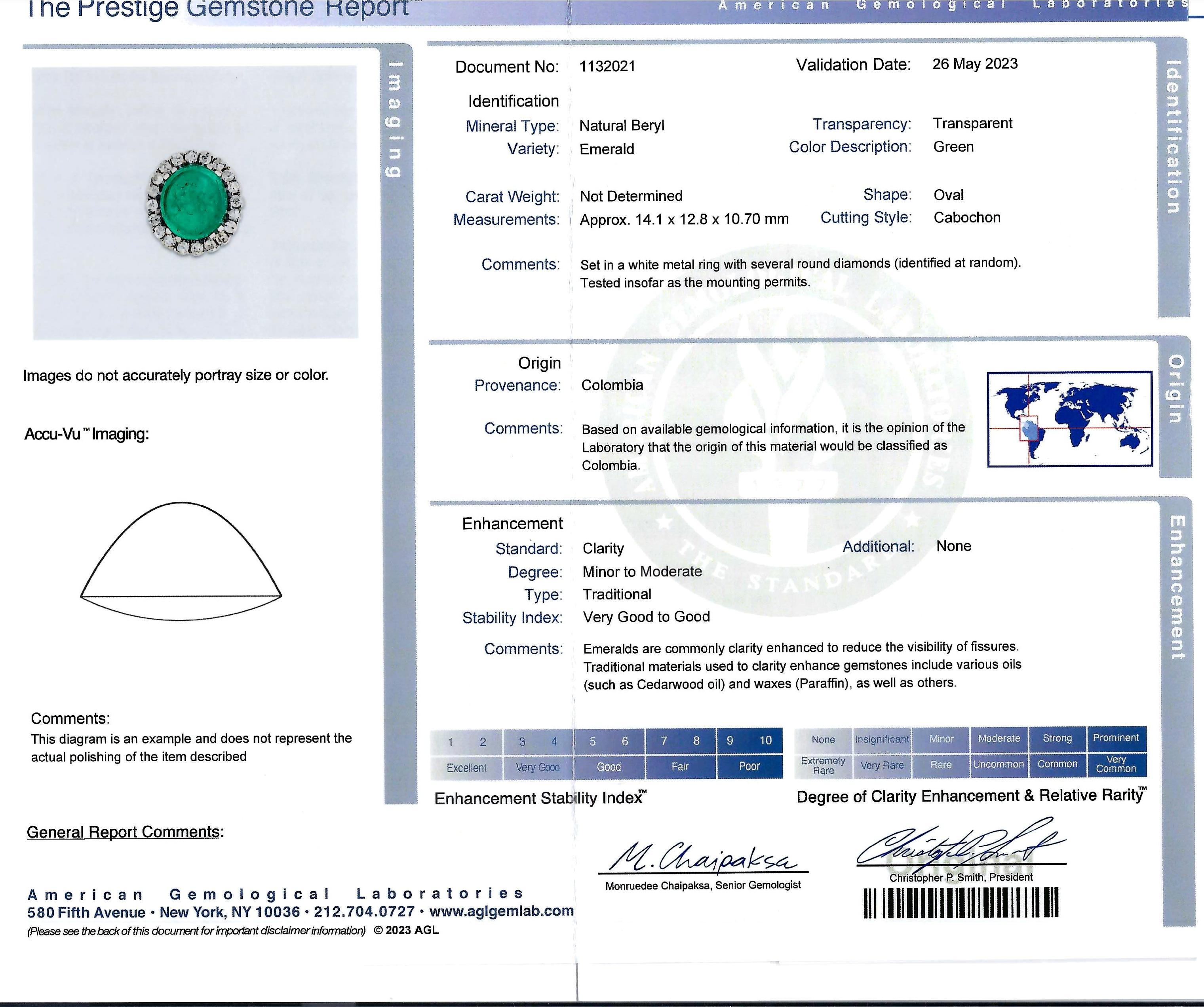 AGL Certified Colombian Emerald Cabochon, Diamond, 18K White Gold Ring For Sale 4