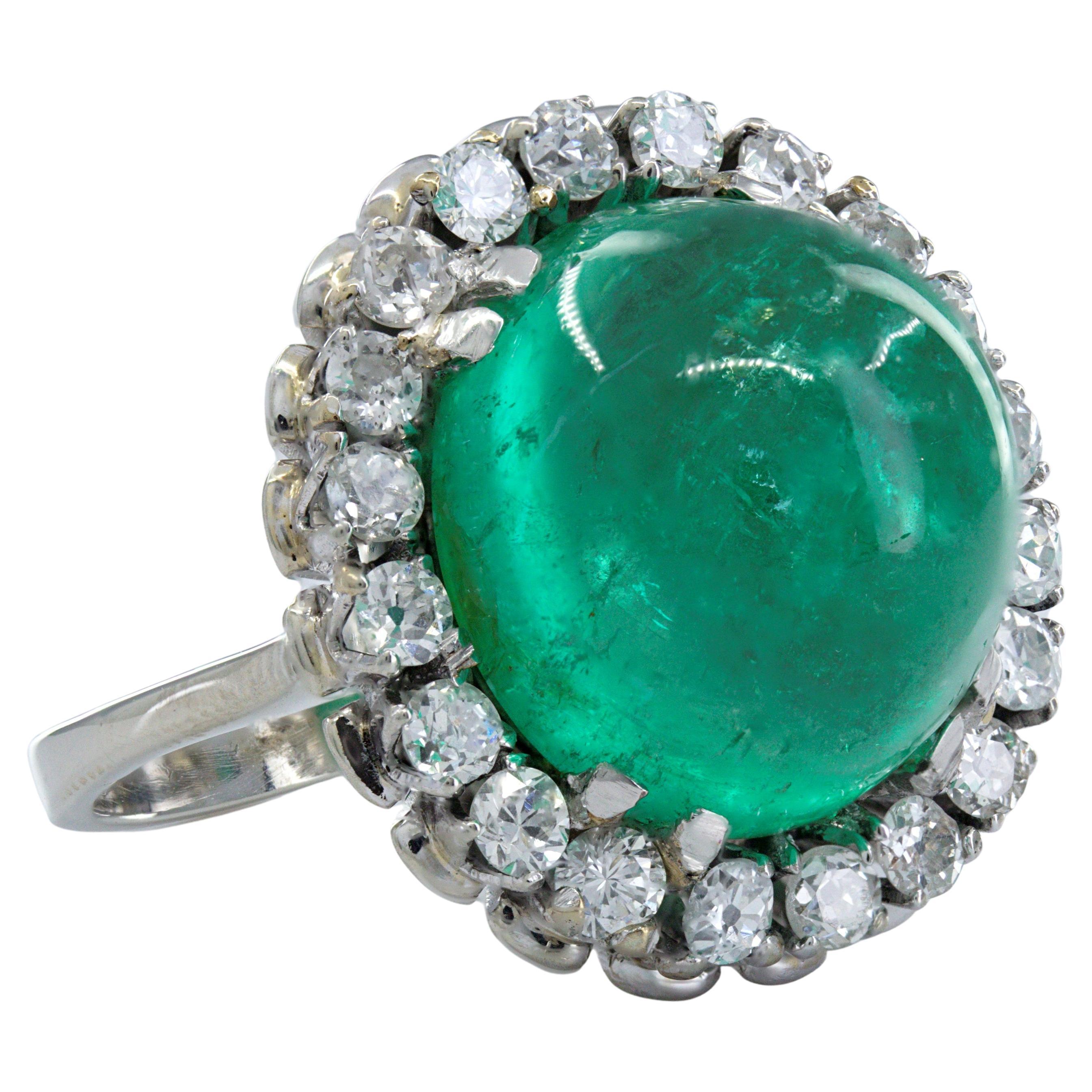 AGL Certified Colombian Emerald Cabochon, Diamond, 18K White Gold Ring For Sale