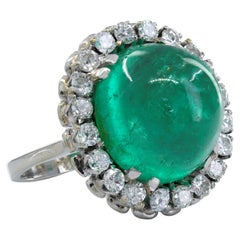 AGL Certified Colombian Emerald Cabochon, Diamond, 18K White Gold Ring
