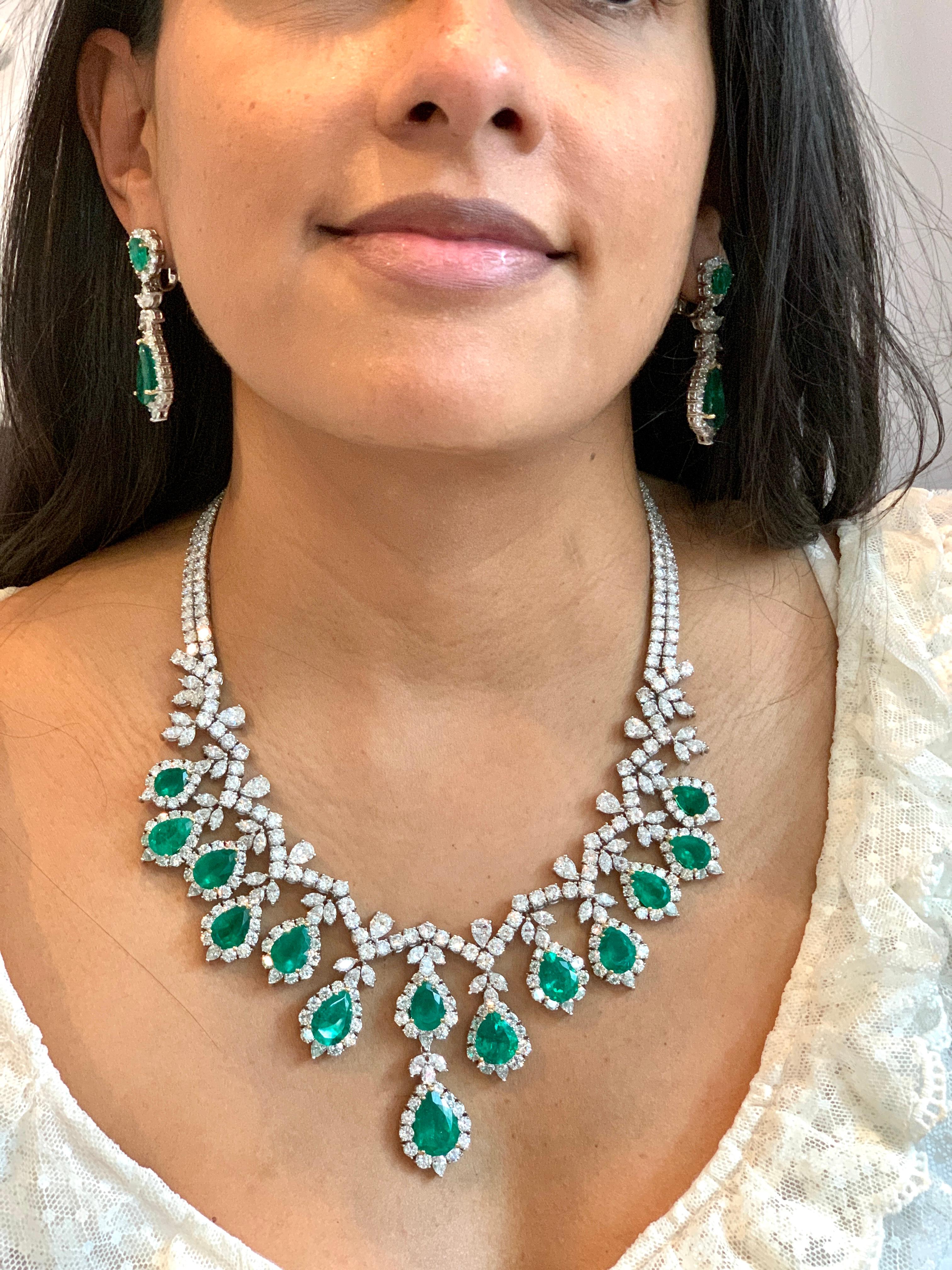 AGL Certified Colombian Emerald & Diamond Necklace & Earring Suite In Platinum For Sale 8