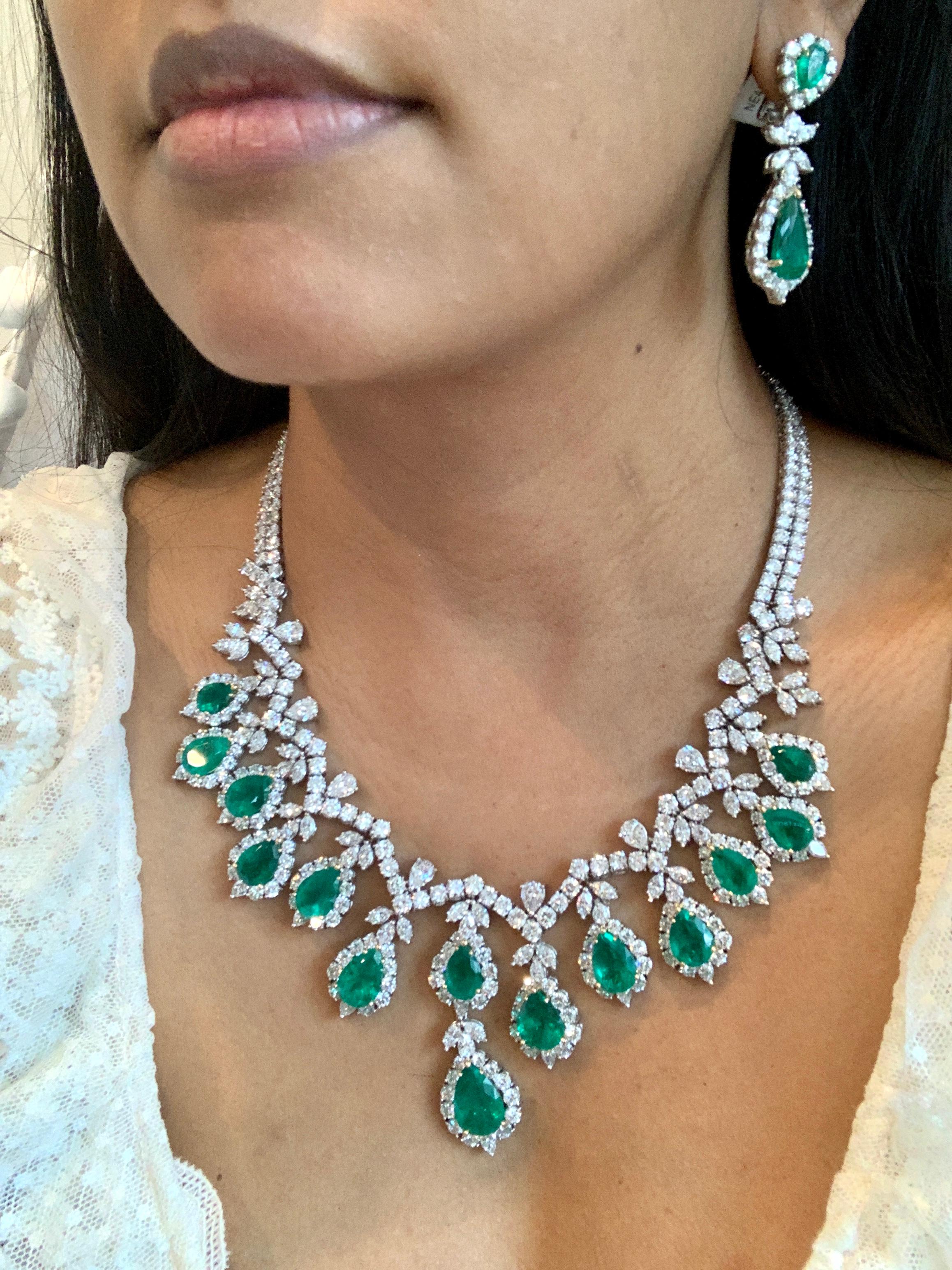 AGL Certified Colombian Emerald & Diamond Necklace & Earring Suite In Platinum For Sale 9