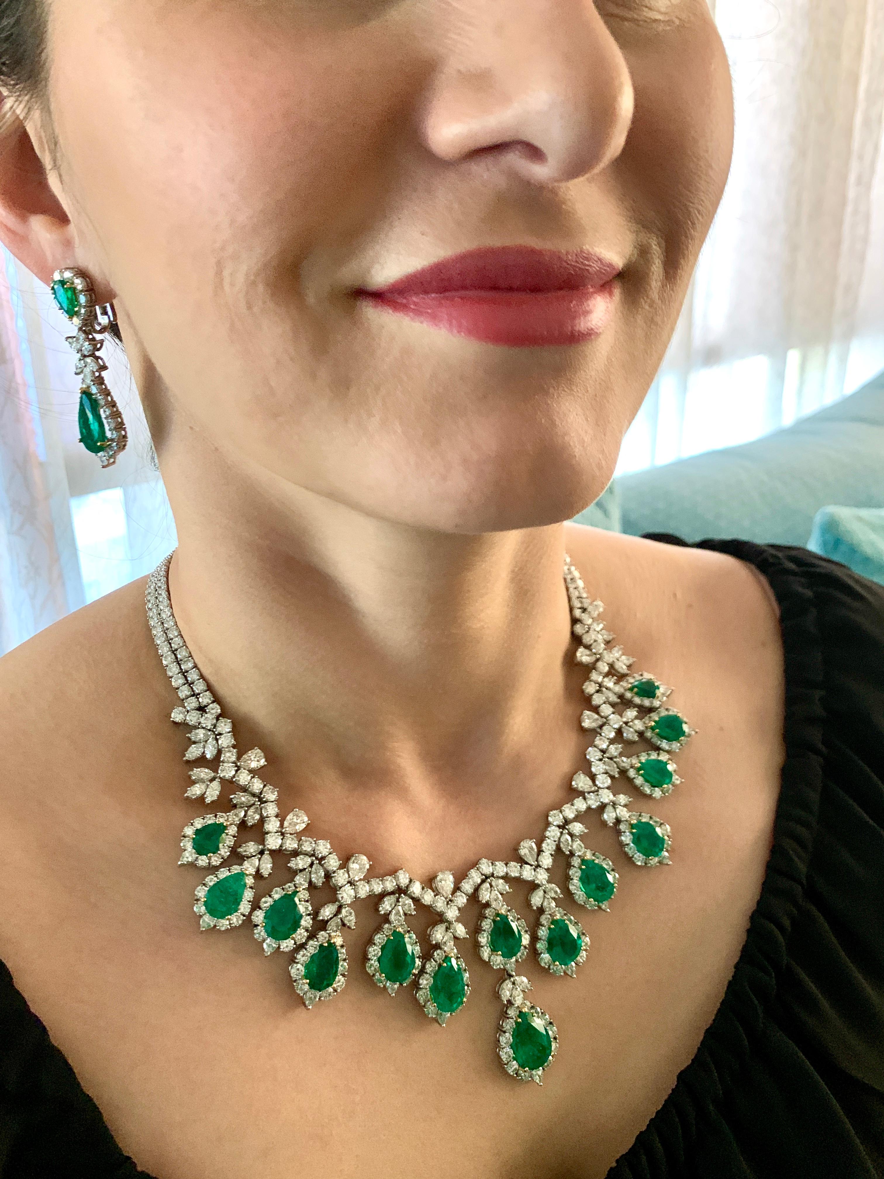 AGL Certified Colombian Emerald & Diamond Necklace & Earring Suite In Platinum For Sale 10
