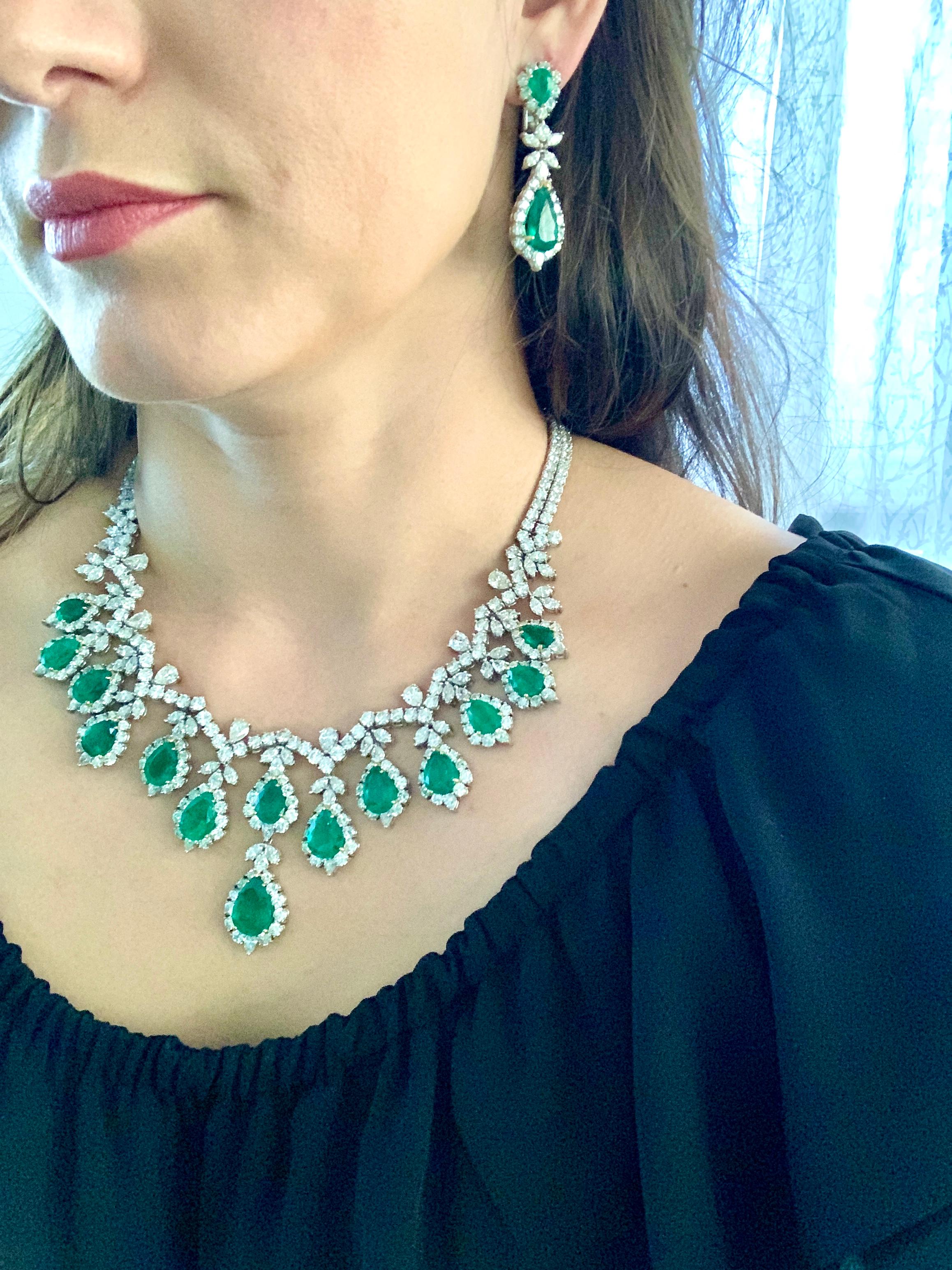 AGL Certified Colombian Emerald & Diamond Necklace & Earring Suite In Platinum For Sale 11