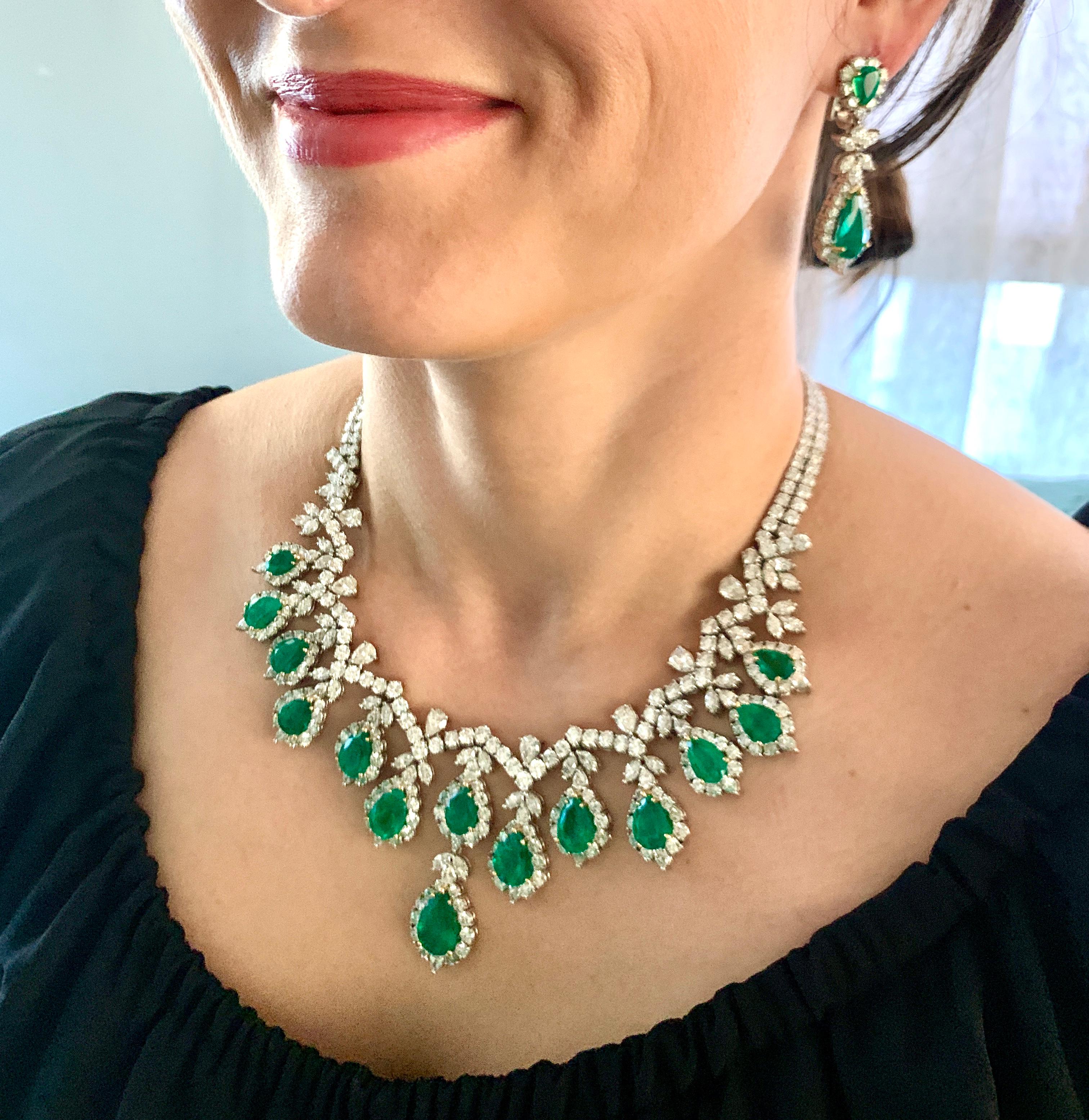 AGL Certified Colombian Emerald & Diamond Necklace & Earring Suite In Platinum For Sale 12