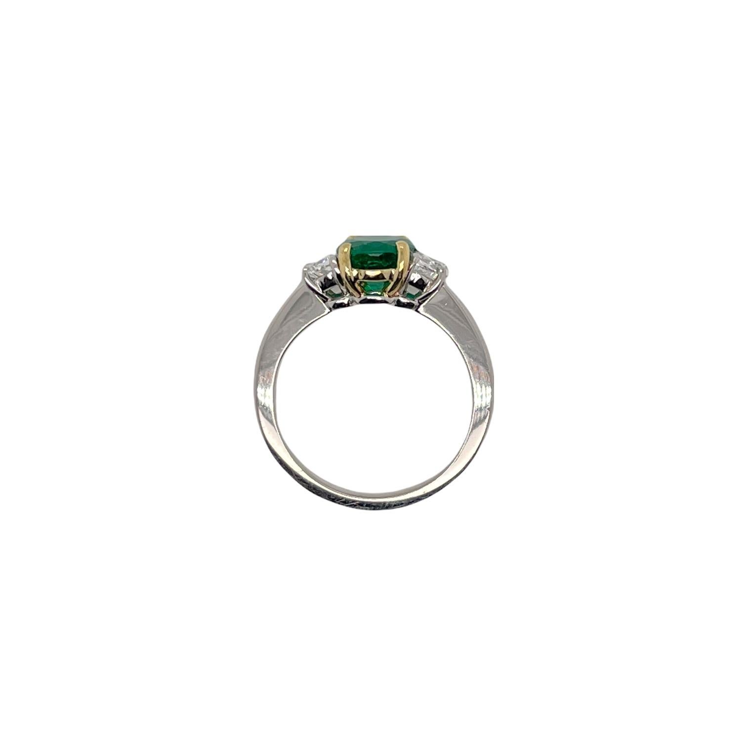 Contemporary AGL Certified Colombian Emerald & Diamond Three Stone Ring Platinum & 18K For Sale