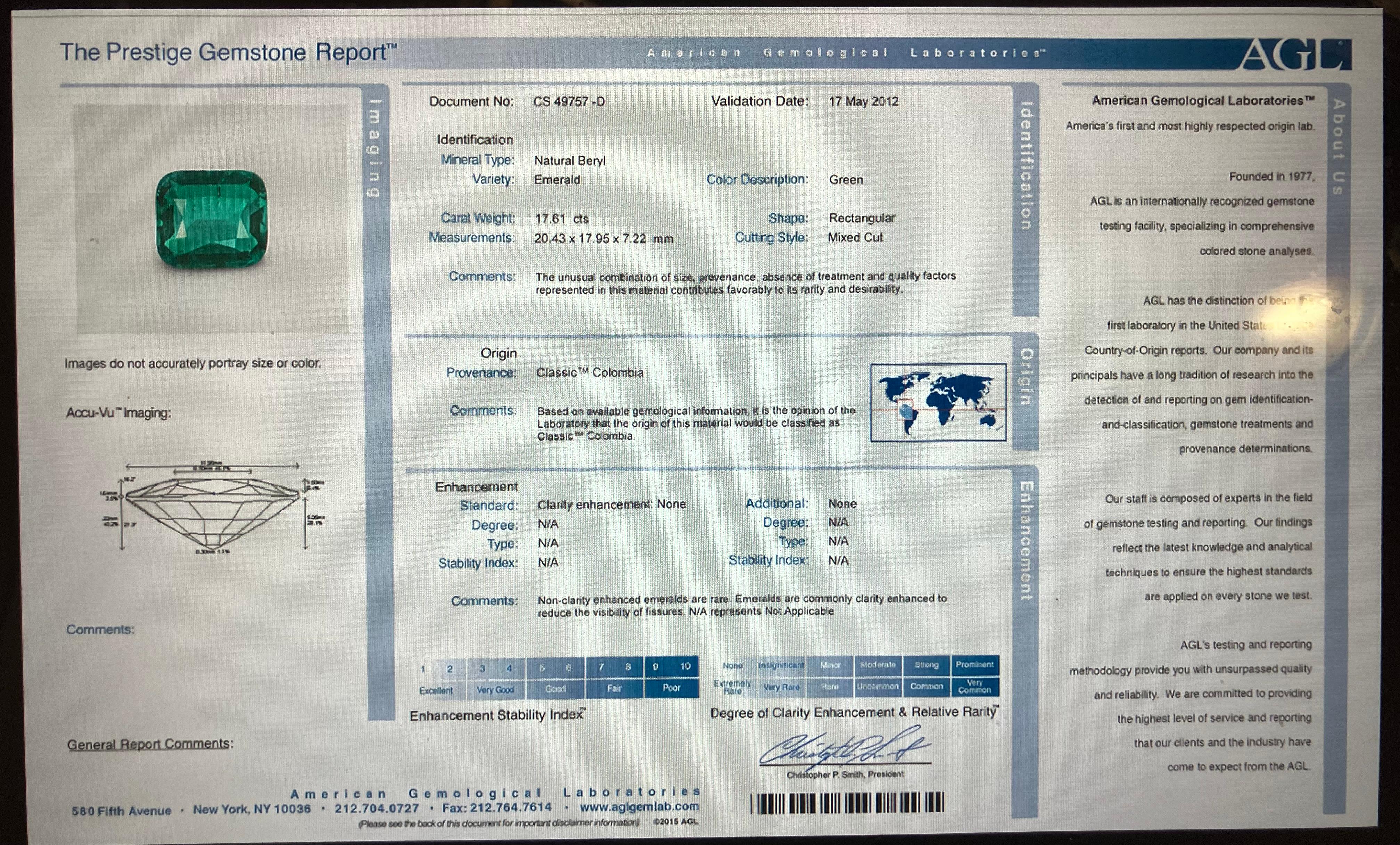 Émeraude colombienne certifiée AGL, sans huile 17,61 carats  Par LR Bon état - En vente à Palm Beach, FL