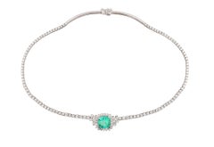 Platinum Colombian Emerald and Diamond Tennis Necklace, 9.60 Carat AGL Certified