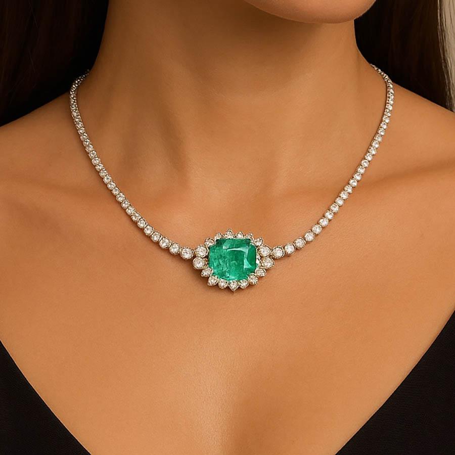 Collana con ciondolo di smeraldo colombiano e diamanti AGL Certified Tennis In condizioni ottime in vendita a Beverly Hills, CA