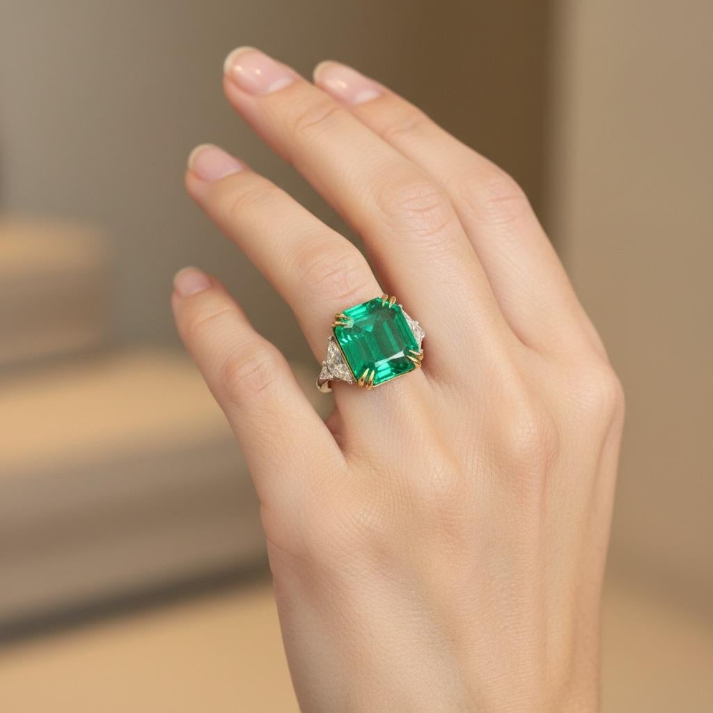 Taglio smeraldo Anello con diamante smeraldo minore colombiano certificato AGL in vendita