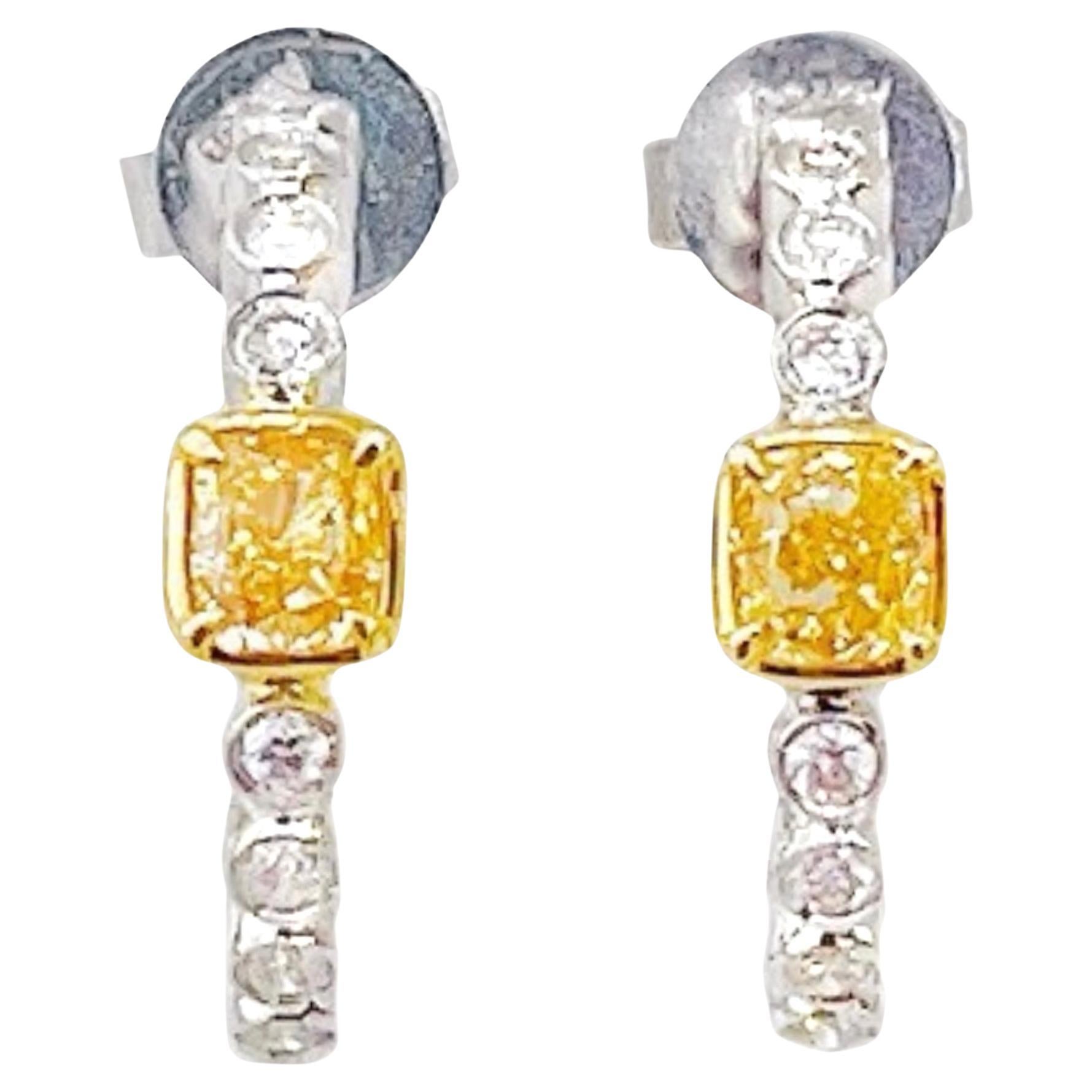 AGL Certified Cushion-Cut Yellow Diamond & Diamond 18K White Gold Earrings