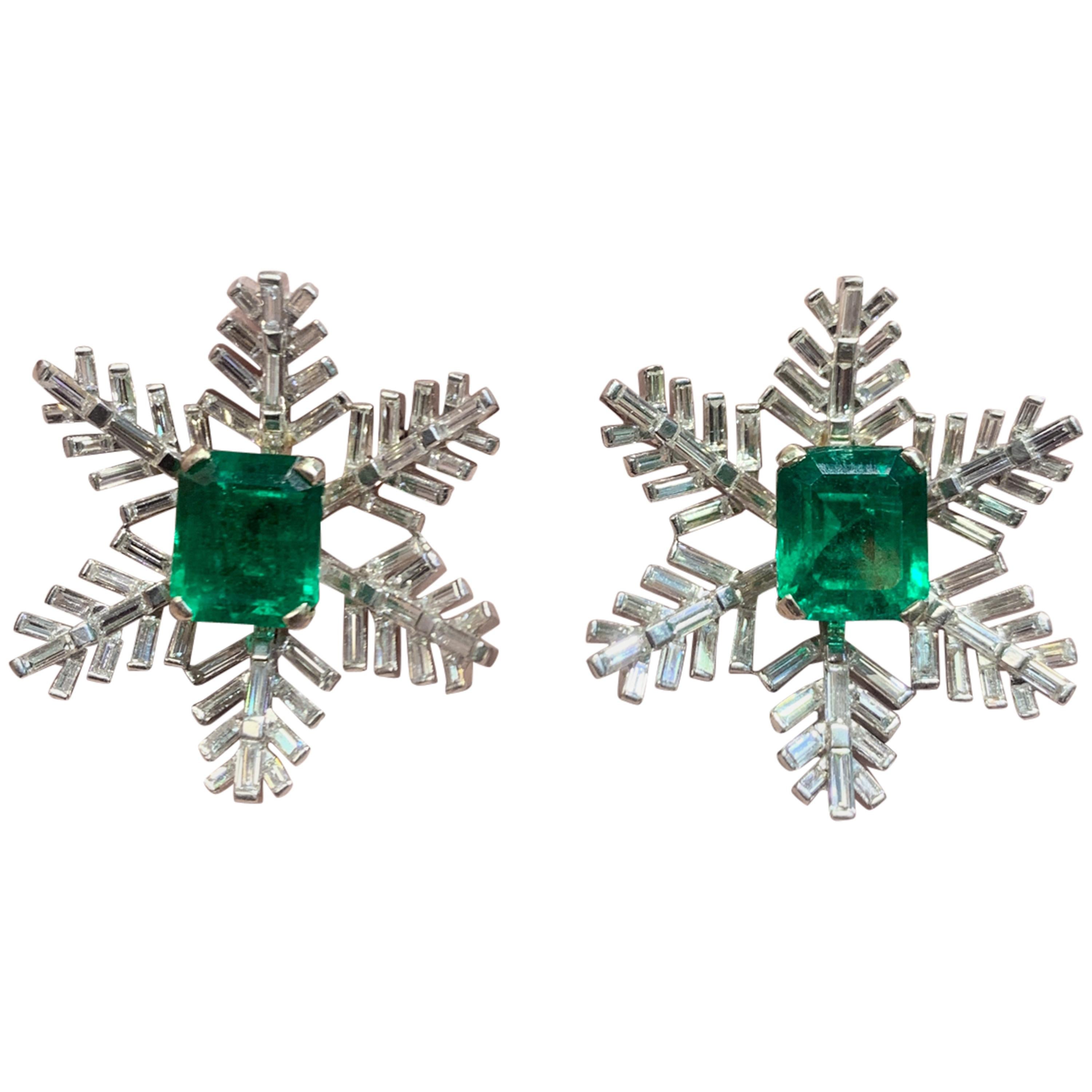 AGL Certified Emerald and Diamond Snowflake Earrings