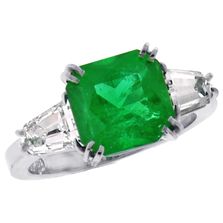 A.G.L. Certified Emerald and Diamond Three-Stone Ring by Pampillonia For Sale