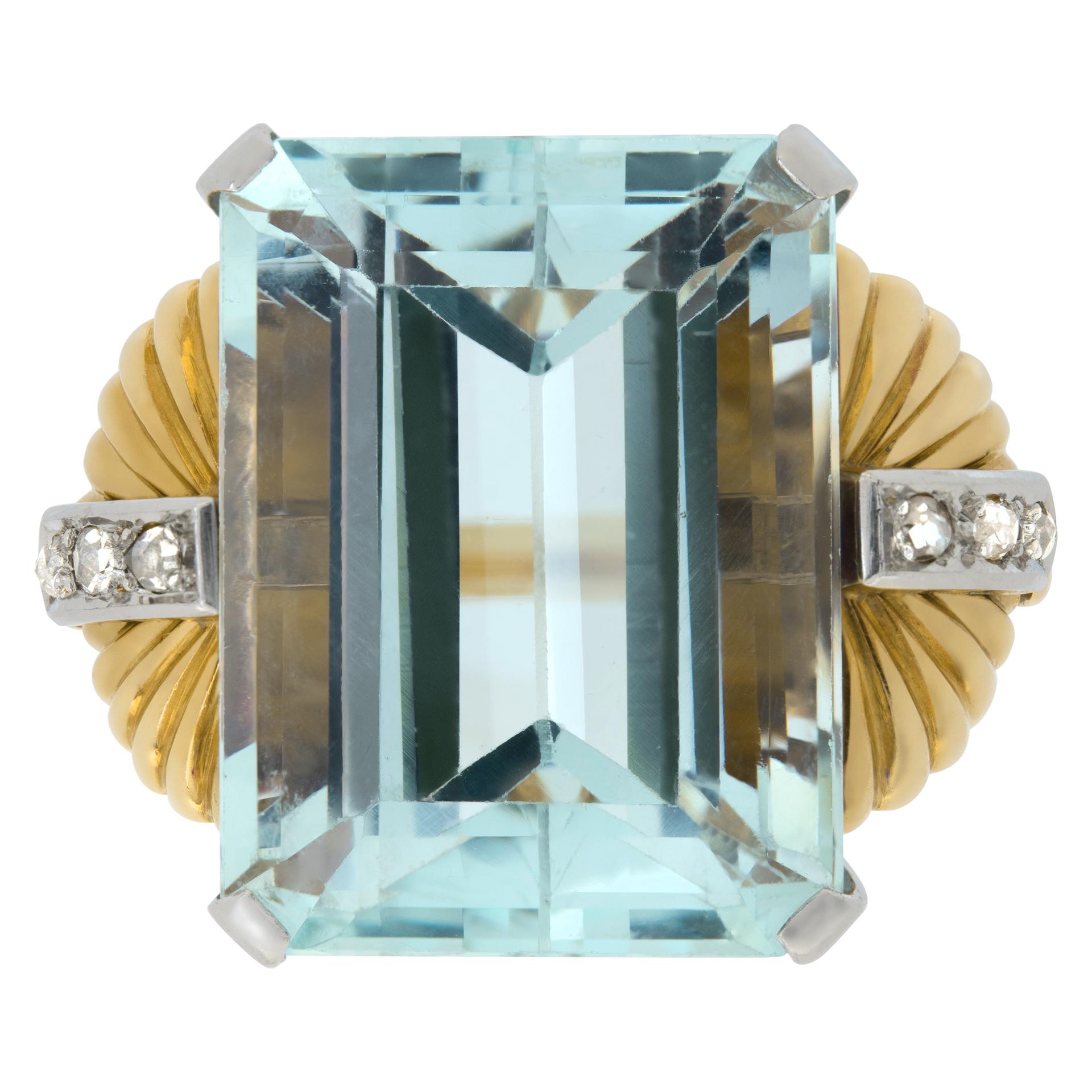 AGL certified Emerald cut Aquamarine approx. 30 carats set in 18K withe and yellow gold ring with 6 old mine cut diamonds. Aquamarine measurements: 21.876 x 16.52 x 11.75 mm. No clarity enhancement, excellent color stability.Size 6.This aquamarine
