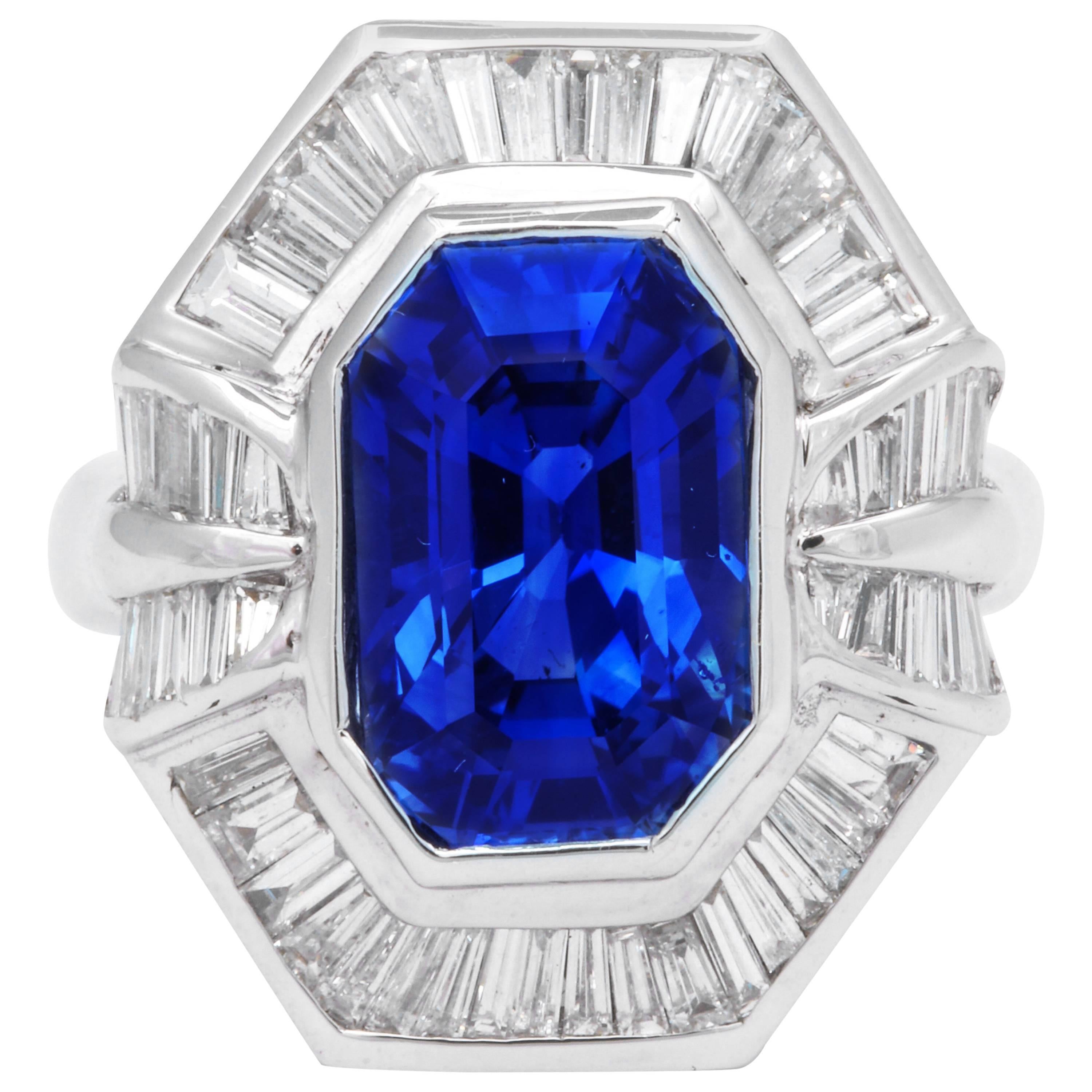 AGL Certified Emerald Cut Sapphire Baguette Diamond Cocktail Ring