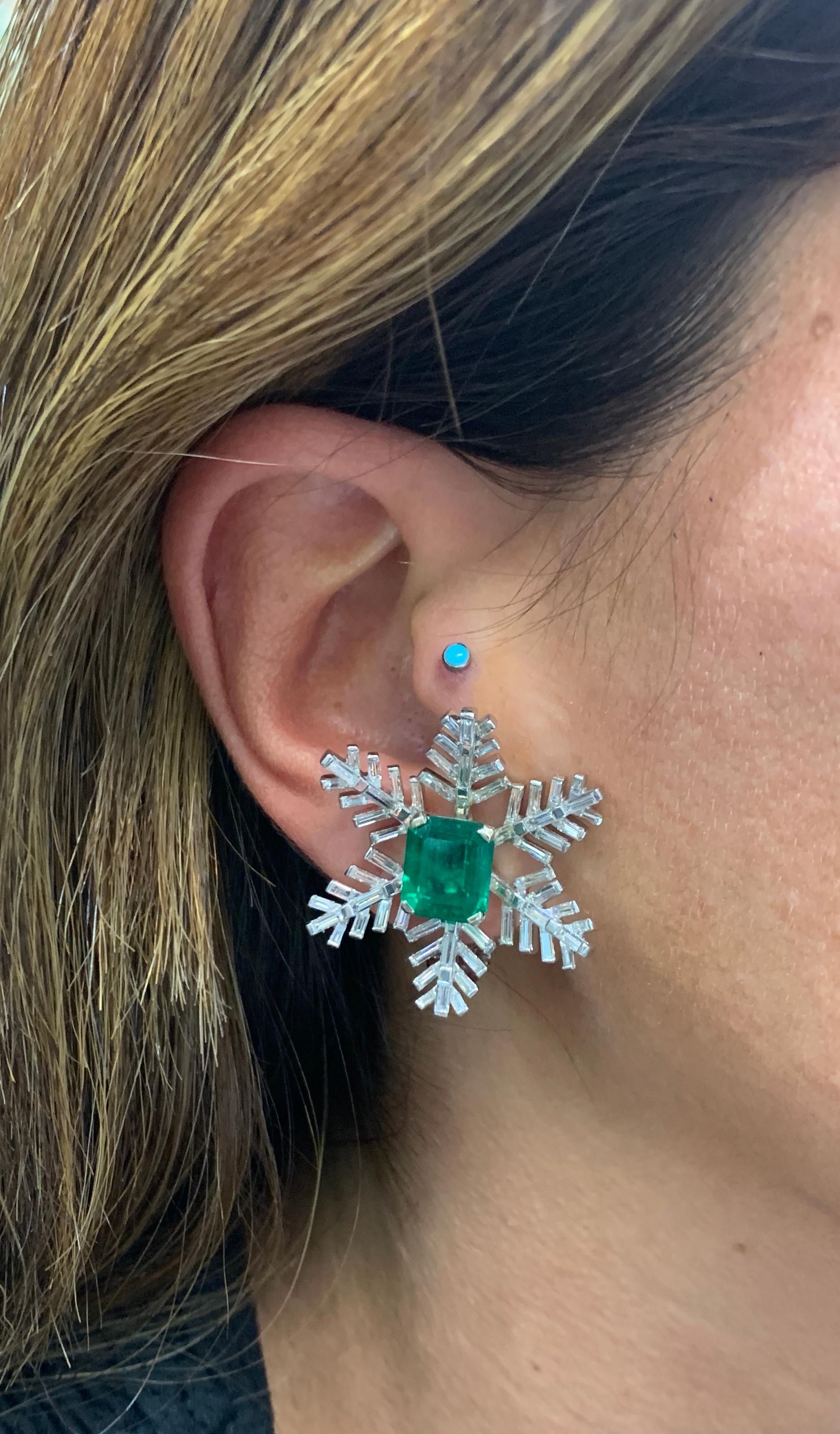  AGL Certified Emerald & Diamond Snowflake Earrings 
Emerald Weights: 3.17 & 3.30 Cts 
132 baguette cut diamonds
Measurements: .75