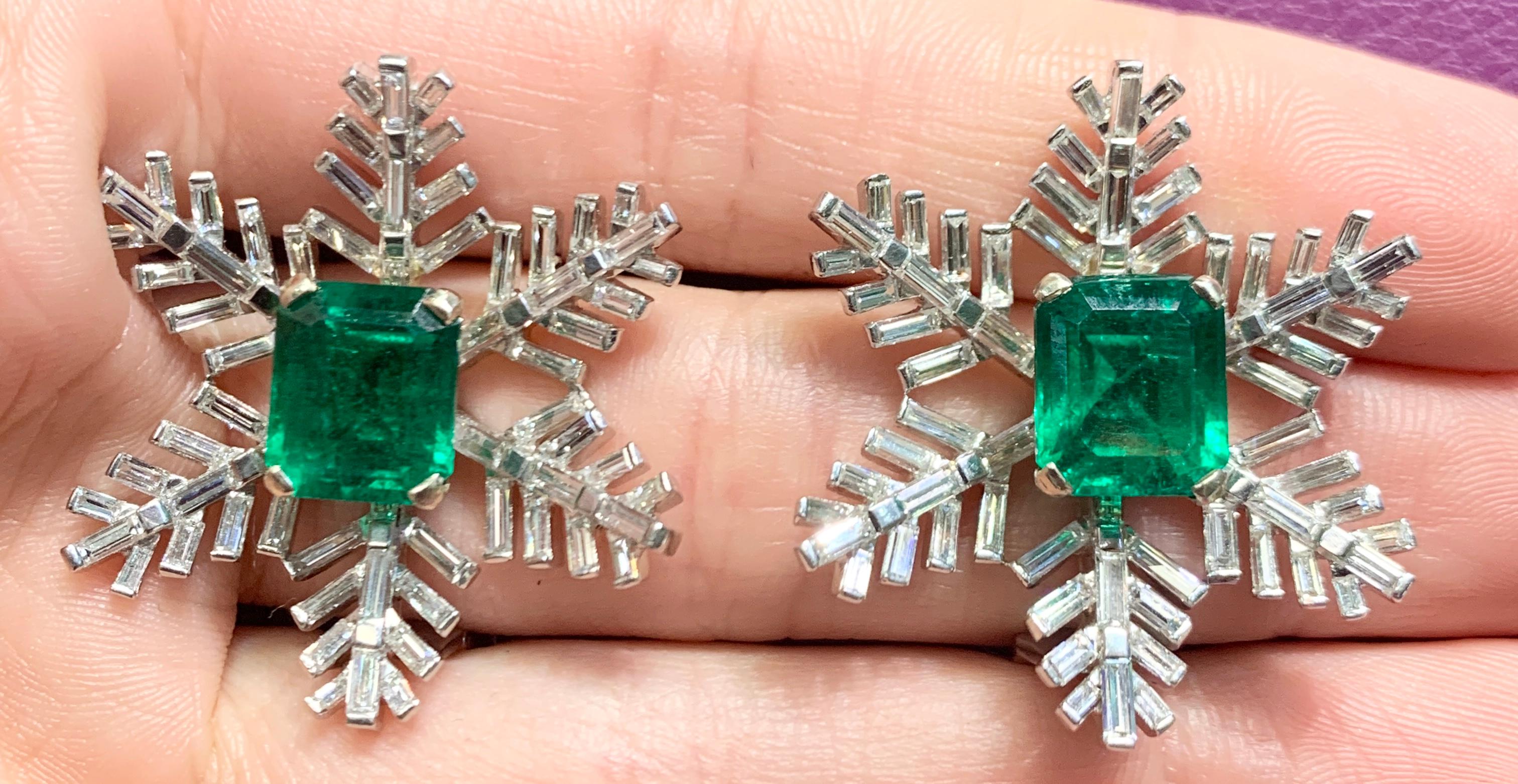 Emerald Cut AGL Certified Emerald and Diamond Snowflake Earrings