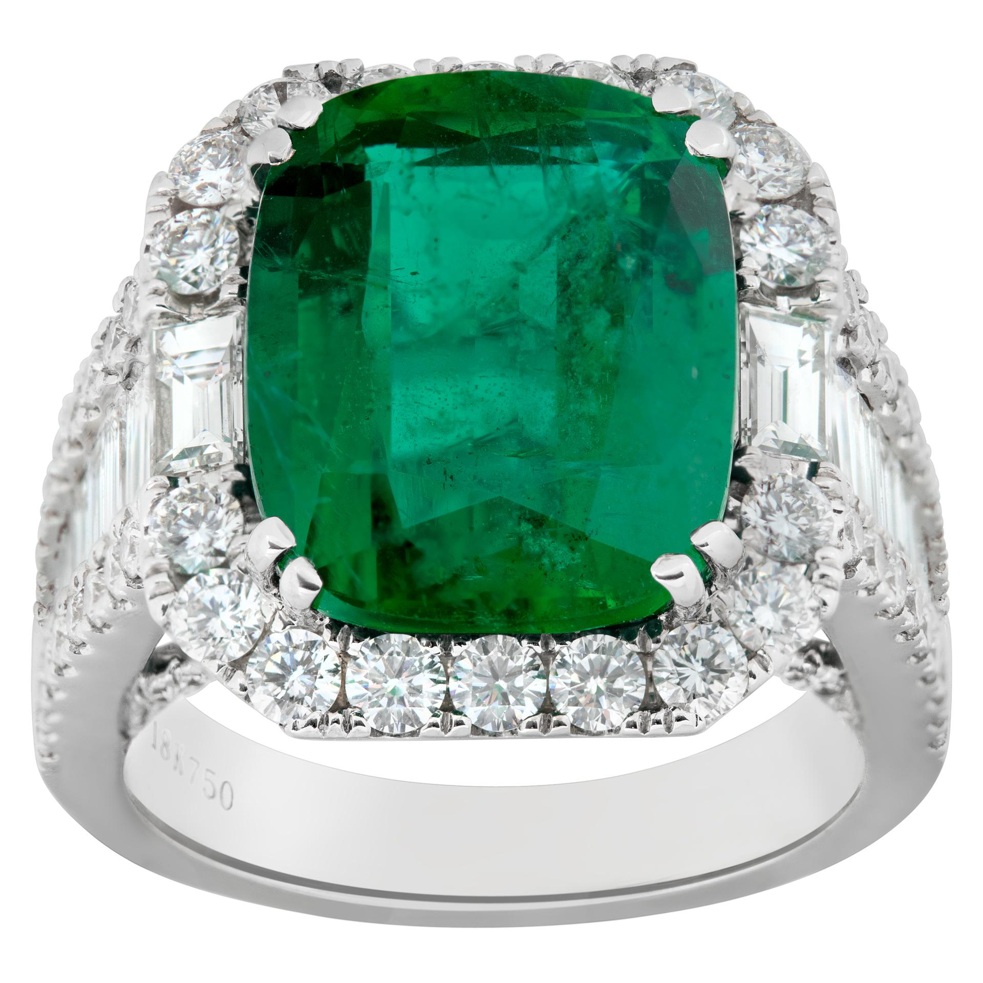 AGL Certified Emerald ring with diamonds in 18k white gold. Approximately 2.15 carats in diamonds (H-I color, SI clarity) and 6.45 carat center emerald. Ring size 6.This Emerald ring is currently size 6 and some items can be sized up or down, please