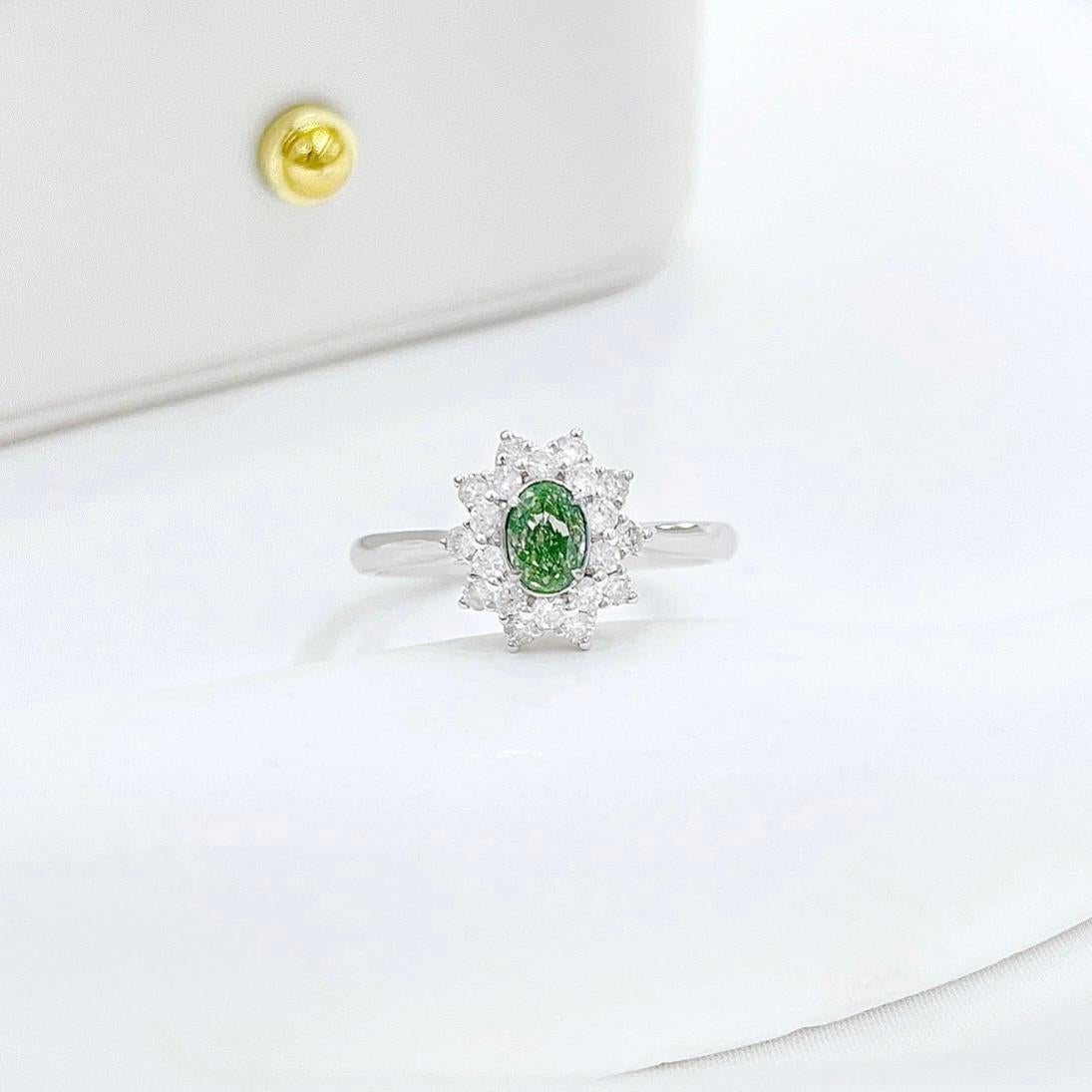 Modern AGL Certified Green Diamond 18K White Gold Ring with Diamonds For Sale