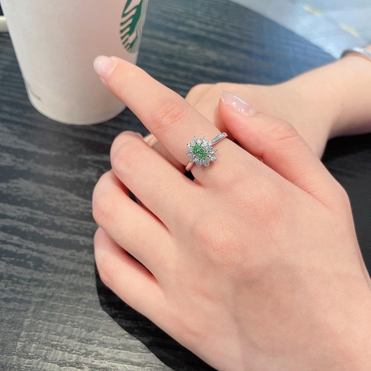 Oval Cut AGL Certified Green Diamond 18K White Gold Ring with Diamonds For Sale