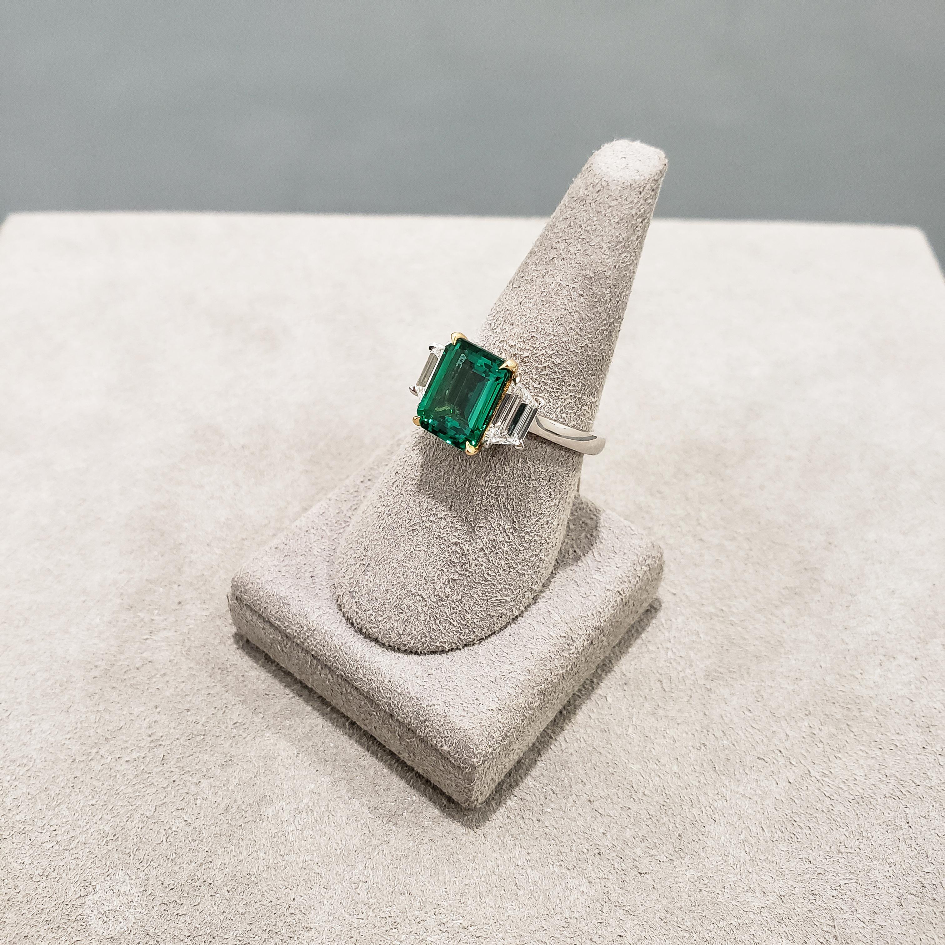 Emerald Cut Roman Malakov, No Oil Green Emerald Diamond Platinum Three-Stone Ring