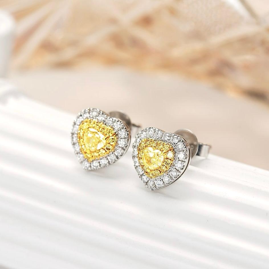 Modern AGL Certified Heart Yellow Diamond & Diamond 18K White Gold Stud Earrings