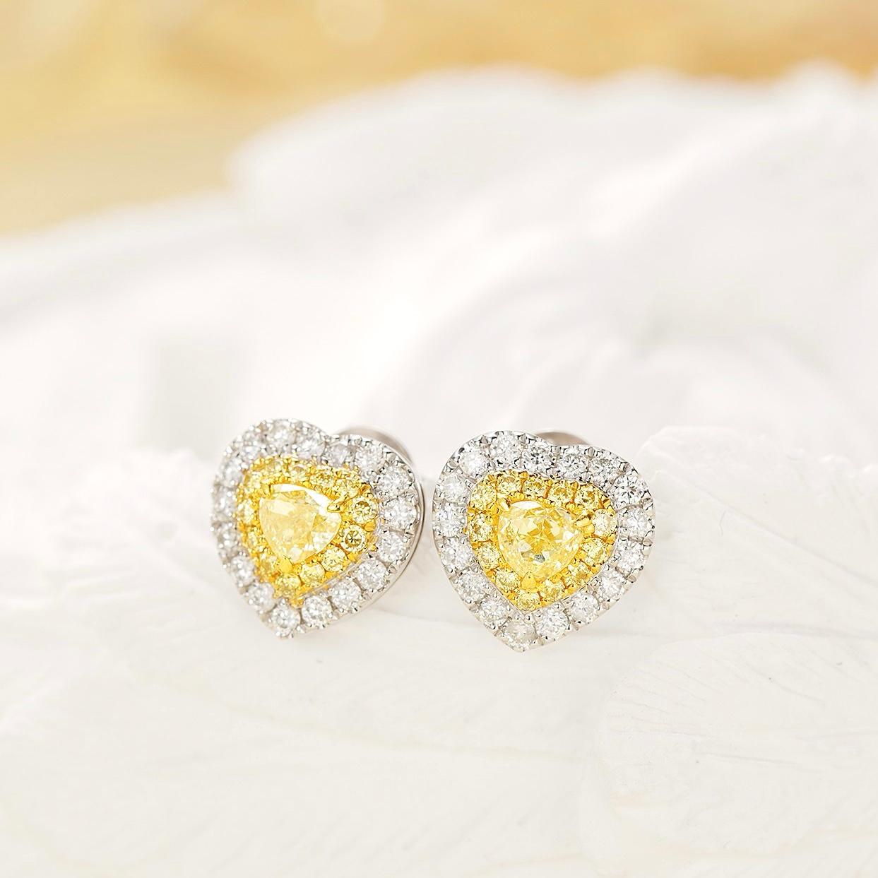Heart Cut AGL Certified Heart Yellow Diamond & Diamond 18K White Gold Stud Earrings