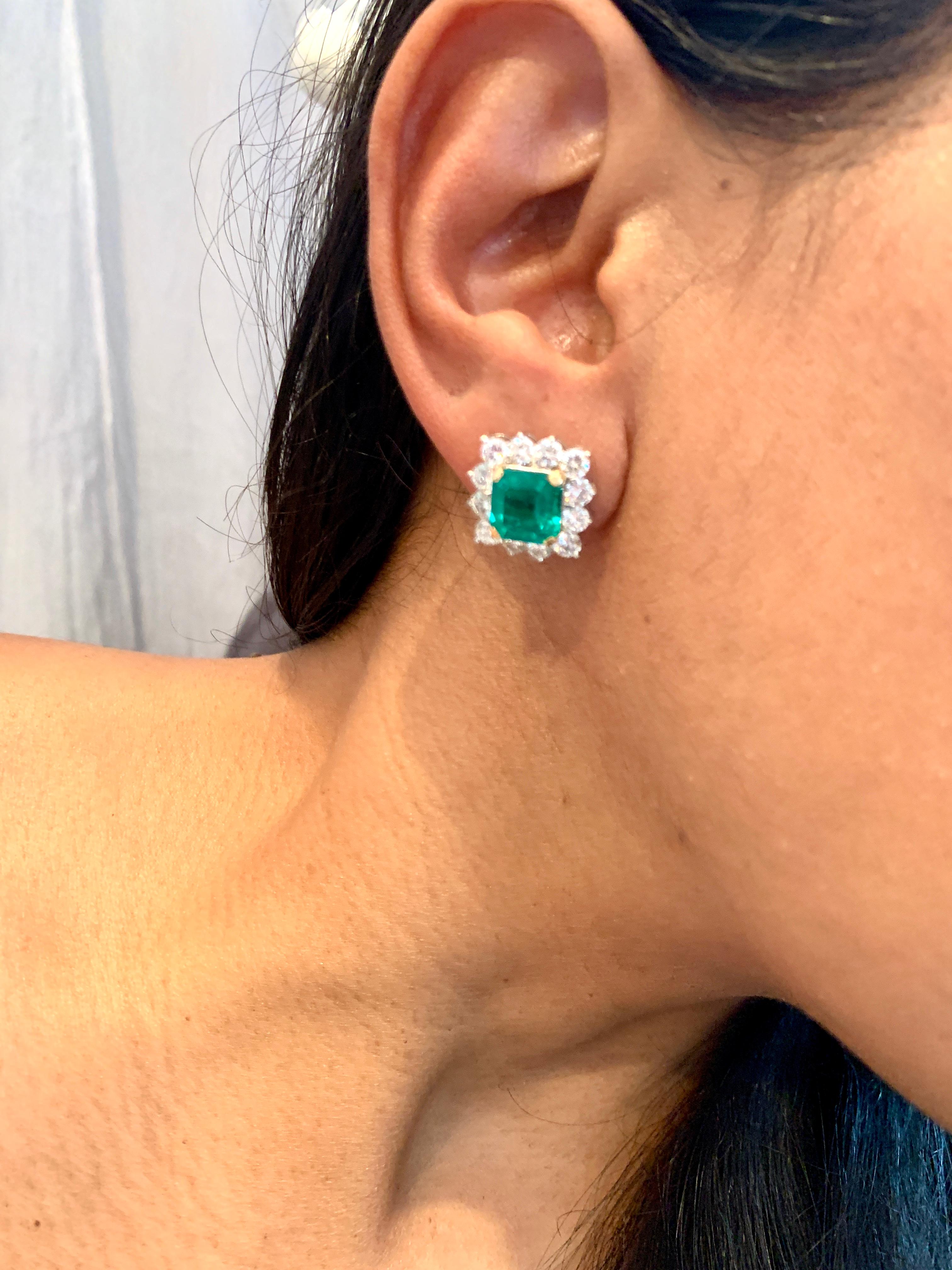 AGL Certified Insignificant Traditional 5 ct Colombian Emerald Diamond Earrings For Sale 7