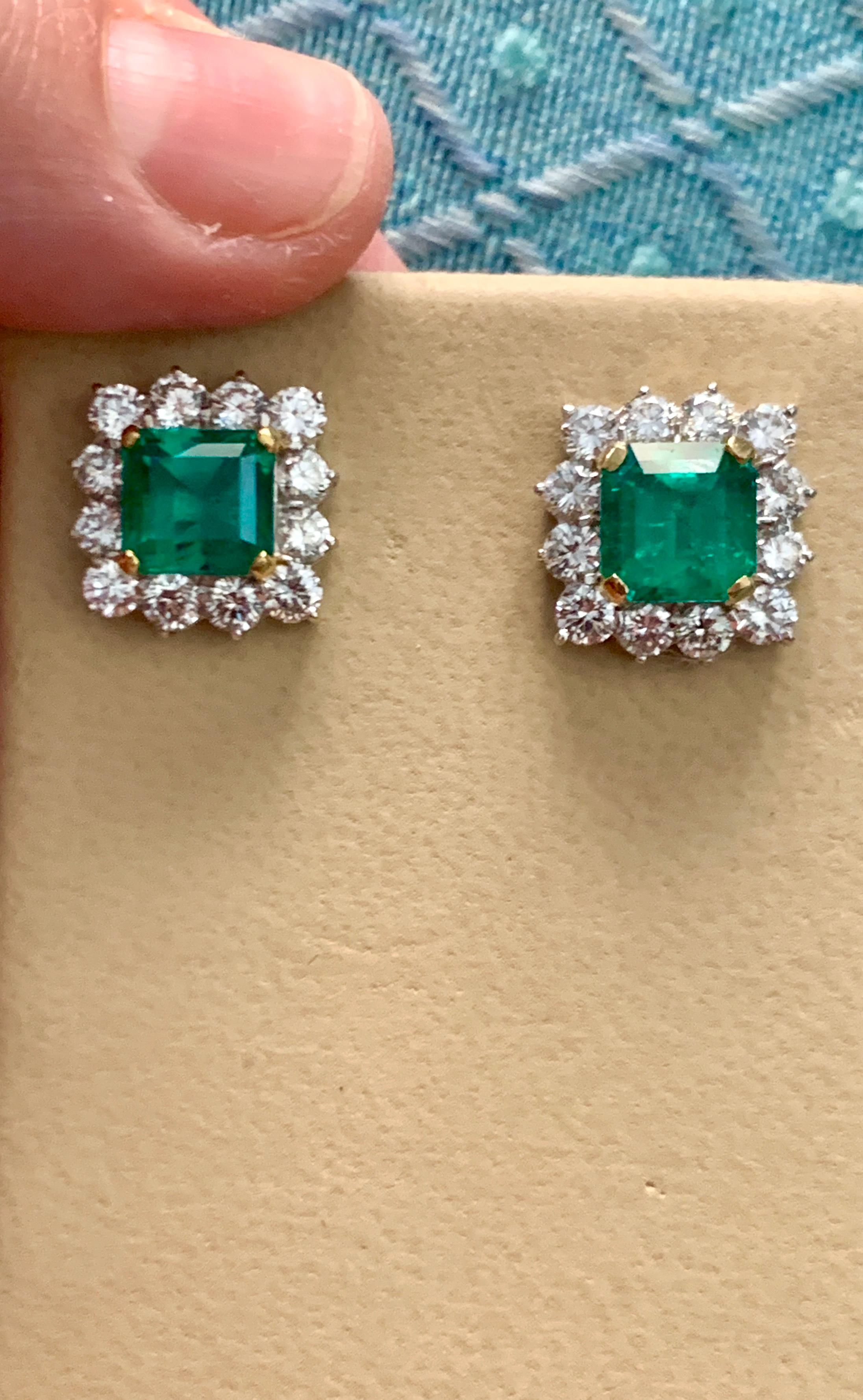 AGL Certified Insignificant Traditional 5 ct Colombian Emerald Diamond Earrings For Sale 12