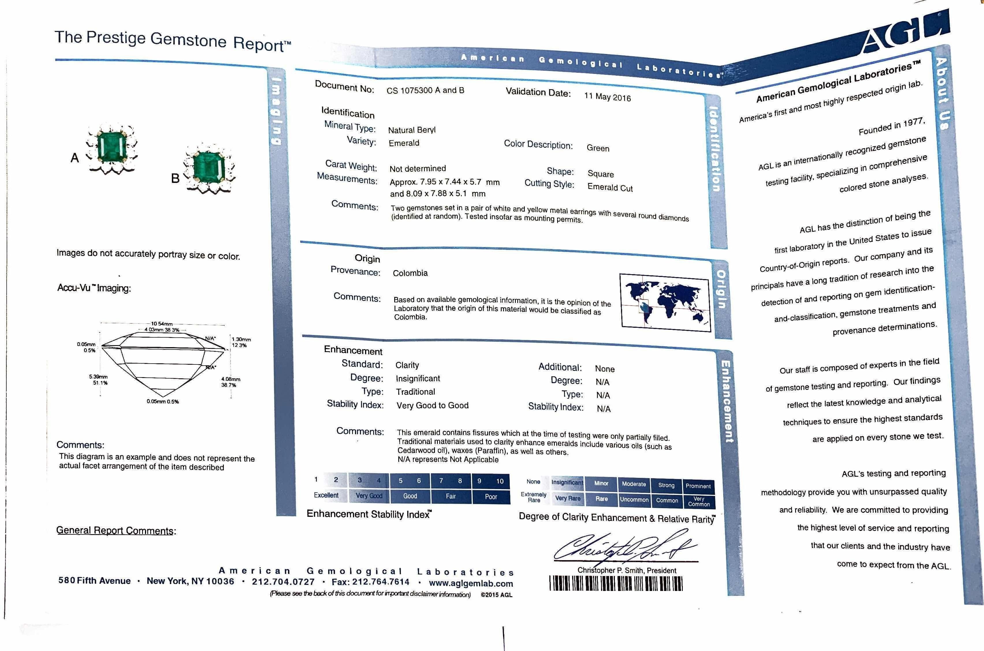 AGL Certified Insignificant Traditional 5 ct Colombian Emerald Diamond Earrings In Excellent Condition For Sale In New York, NY