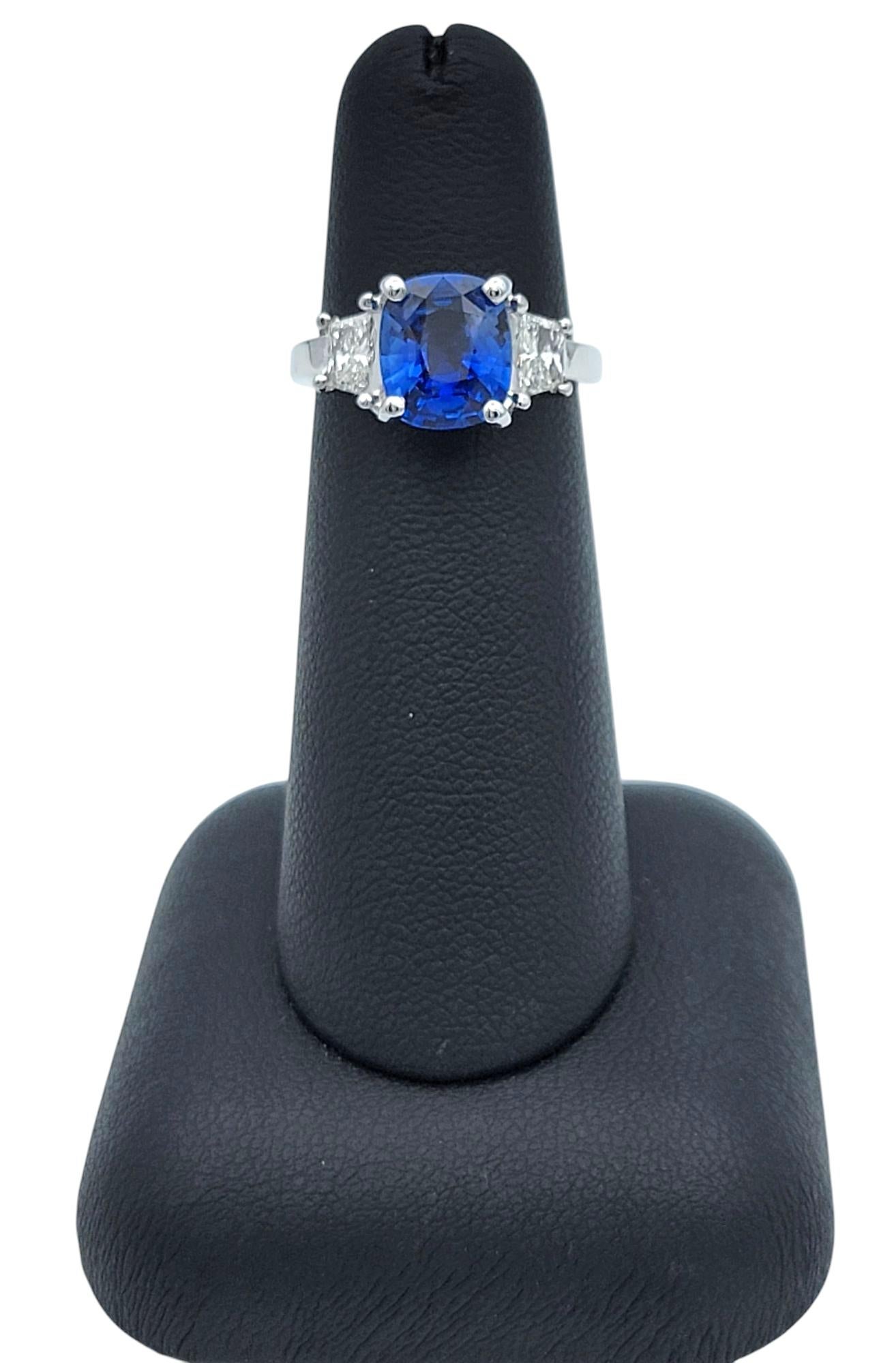 AGL Certified Cushion Cut Madagascar Blue Sapphire and Diamond Three-Stone Ring For Sale 5