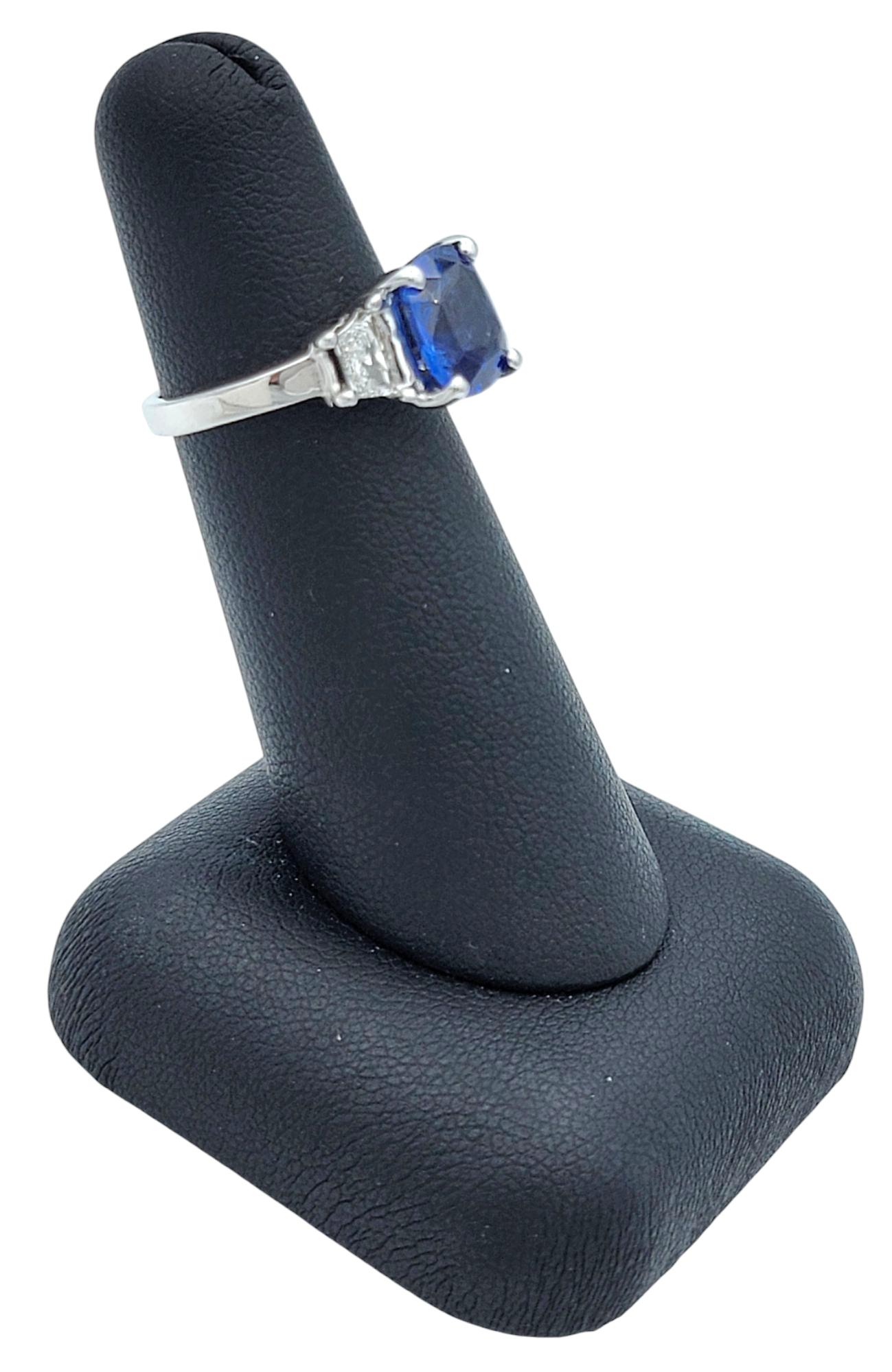 AGL Certified Cushion Cut Madagascar Blue Sapphire and Diamond Three-Stone Ring For Sale 6