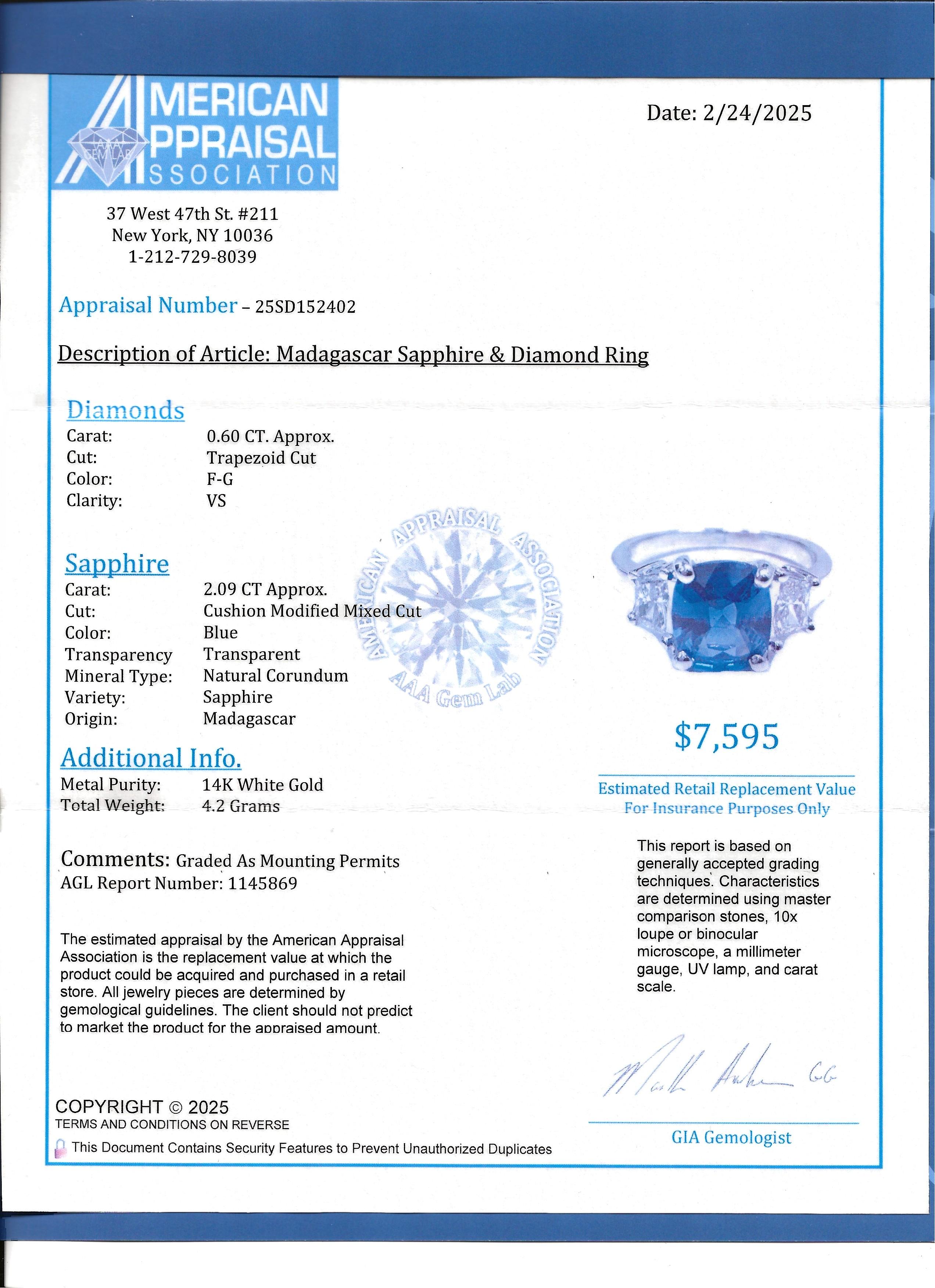AGL Certified Cushion Cut Madagascar Blue Sapphire and Diamond Three-Stone Ring For Sale 8
