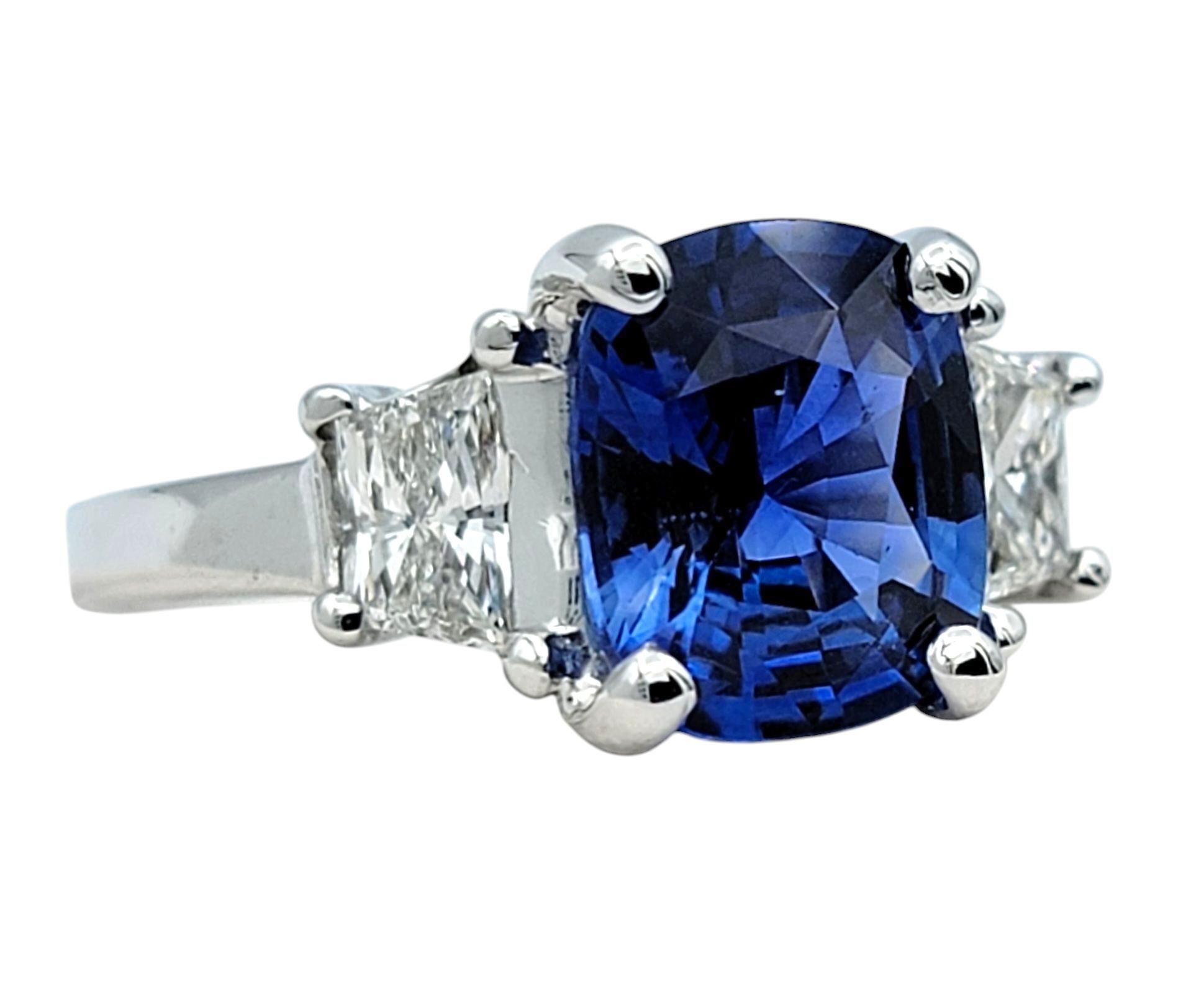AGL Certified Cushion Cut Madagascar Blue Sapphire and Diamond Three-Stone Ring In Good Condition For Sale In Scottsdale, AZ