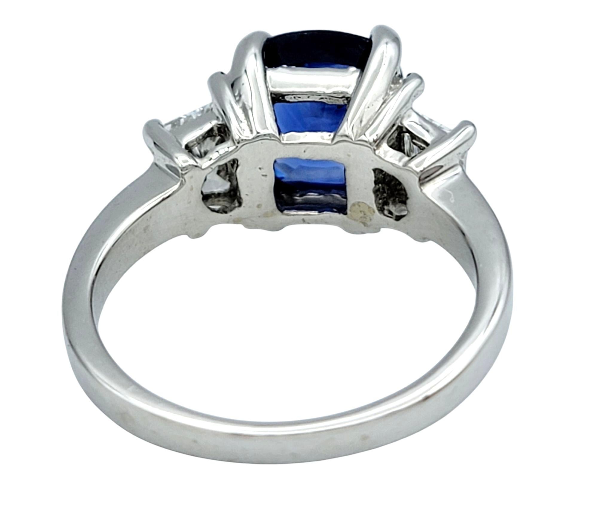 AGL Certified Cushion Cut Madagascar Blue Sapphire and Diamond Three-Stone Ring For Sale 1