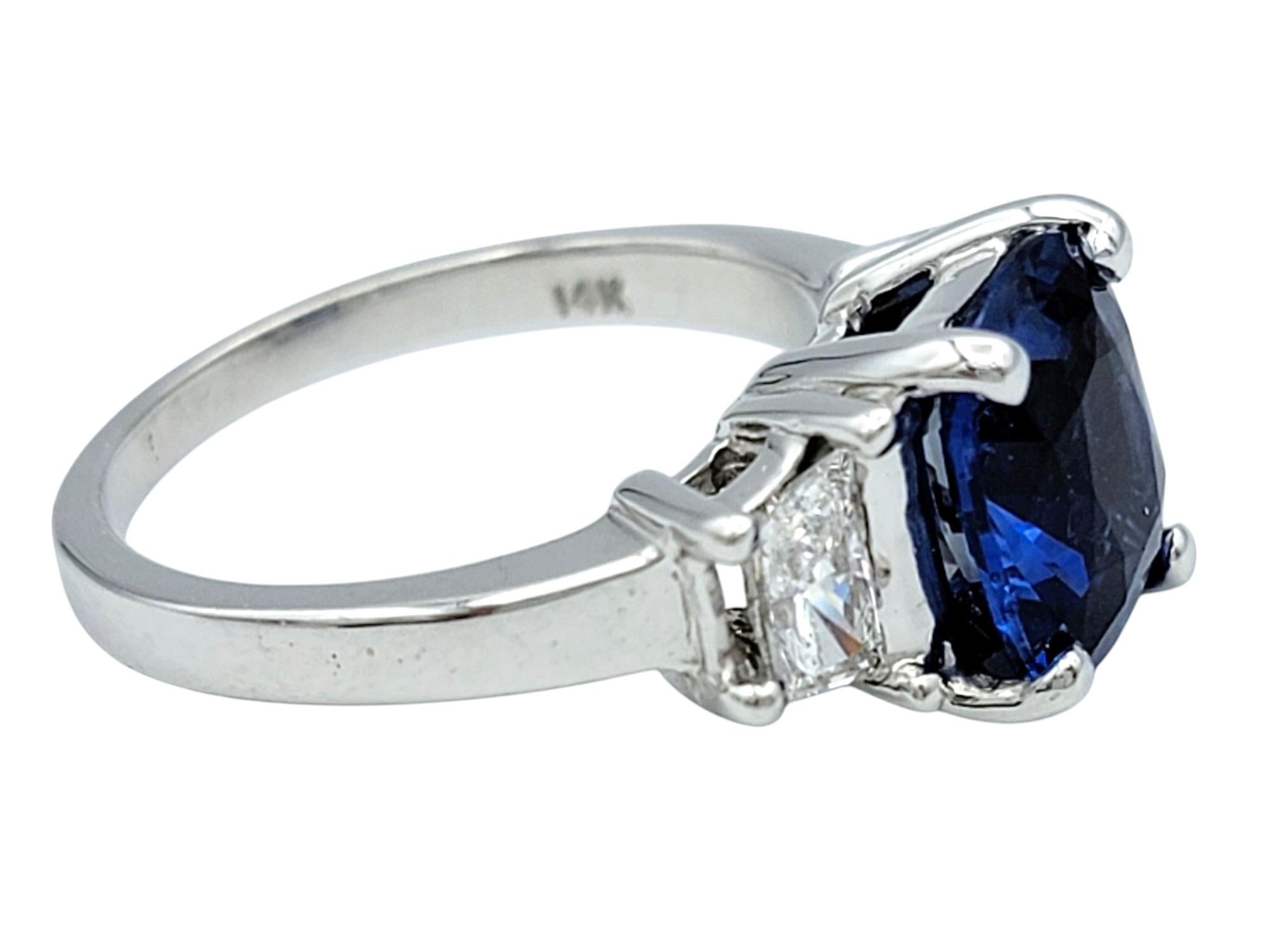 AGL Certified Cushion Cut Madagascar Blue Sapphire and Diamond Three-Stone Ring For Sale 2