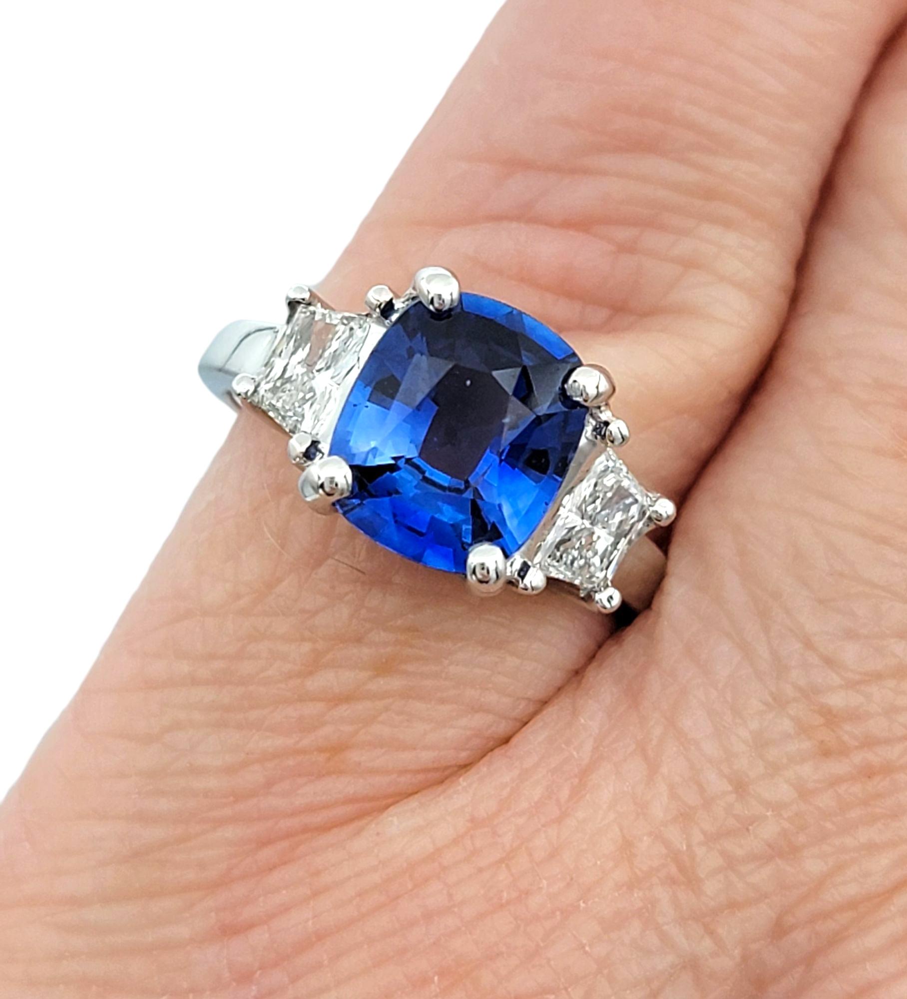 AGL Certified Cushion Cut Madagascar Blue Sapphire and Diamond Three-Stone Ring For Sale 4