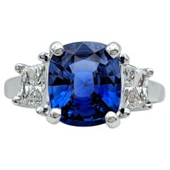 AGL Certified Cushion Cut Madagascar Blue Sapphire and Diamond Three-Stone Ring