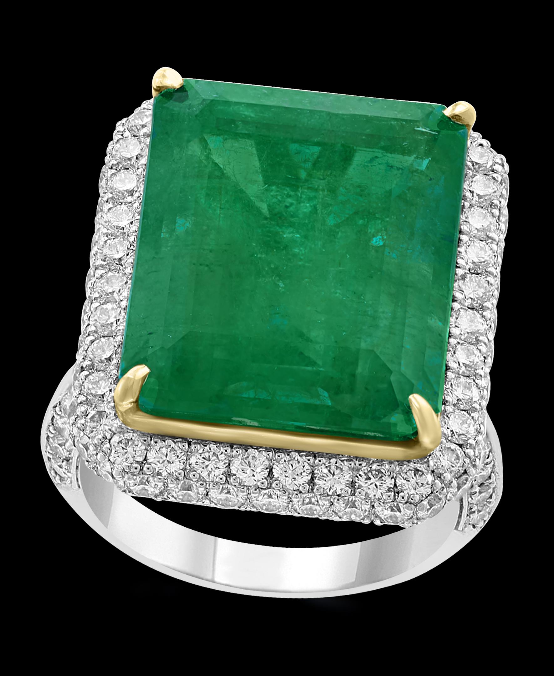 AGL Certified  13.10 Ct  Emerald Cut Colombian  Emerald  Diamond 18K Gold Ring 
A classic, cocktail  / Engagement ring 
13.1 Carat  of  Finest Colombian Emerald and Diamond Ring, Estate
Extreme fine color and luster in the emerald.
Super fine Ring