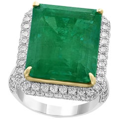 Retro AGL Certified  13.10 Ct  Emerald Cut Colombian  Emerald  Diamond 18K Gold Ring 