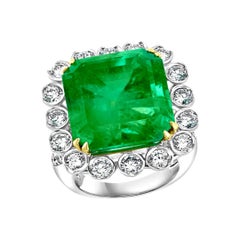 Vintage AGL Certified Minor 20 Ct Emerald Cut Colombian Emerald Diamond Platinum Ring