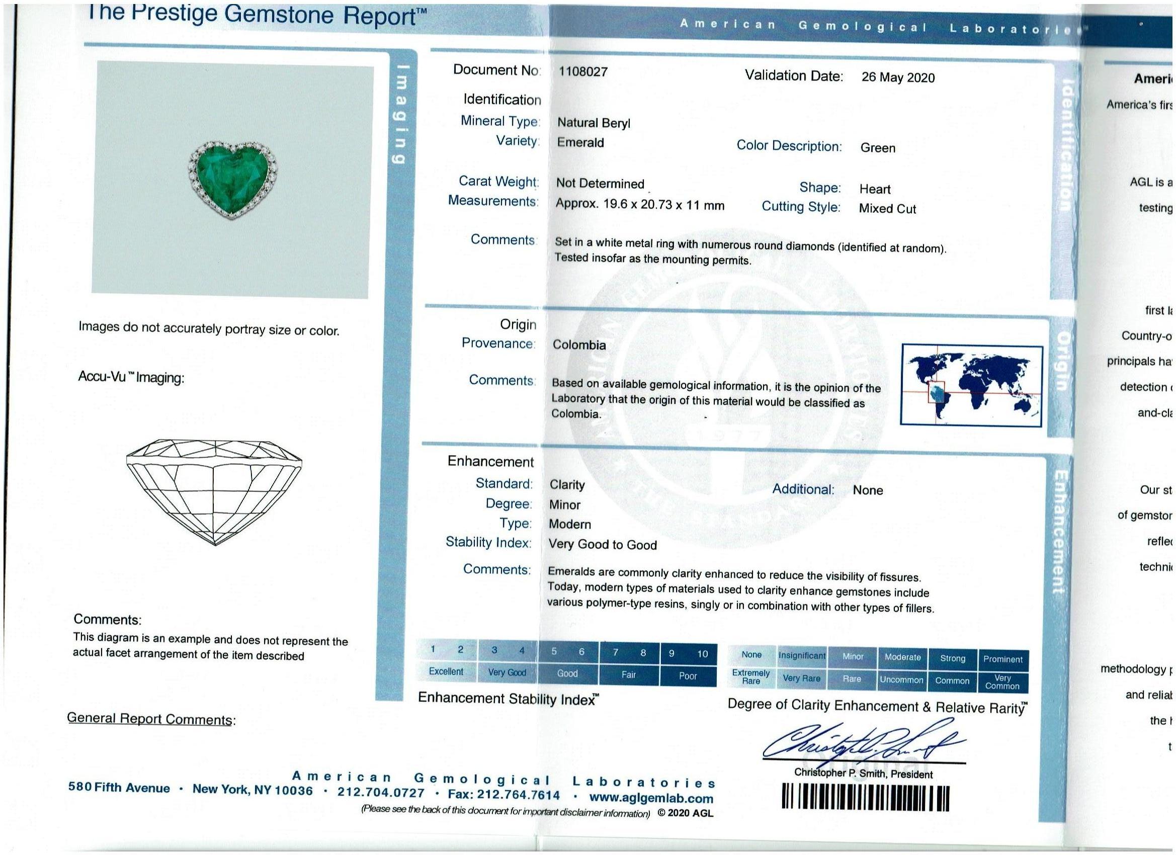 AGL Certified Minor 23+ Ct Heart Shape  Colombian Emerald & Diamond 18 Kt Ring  2