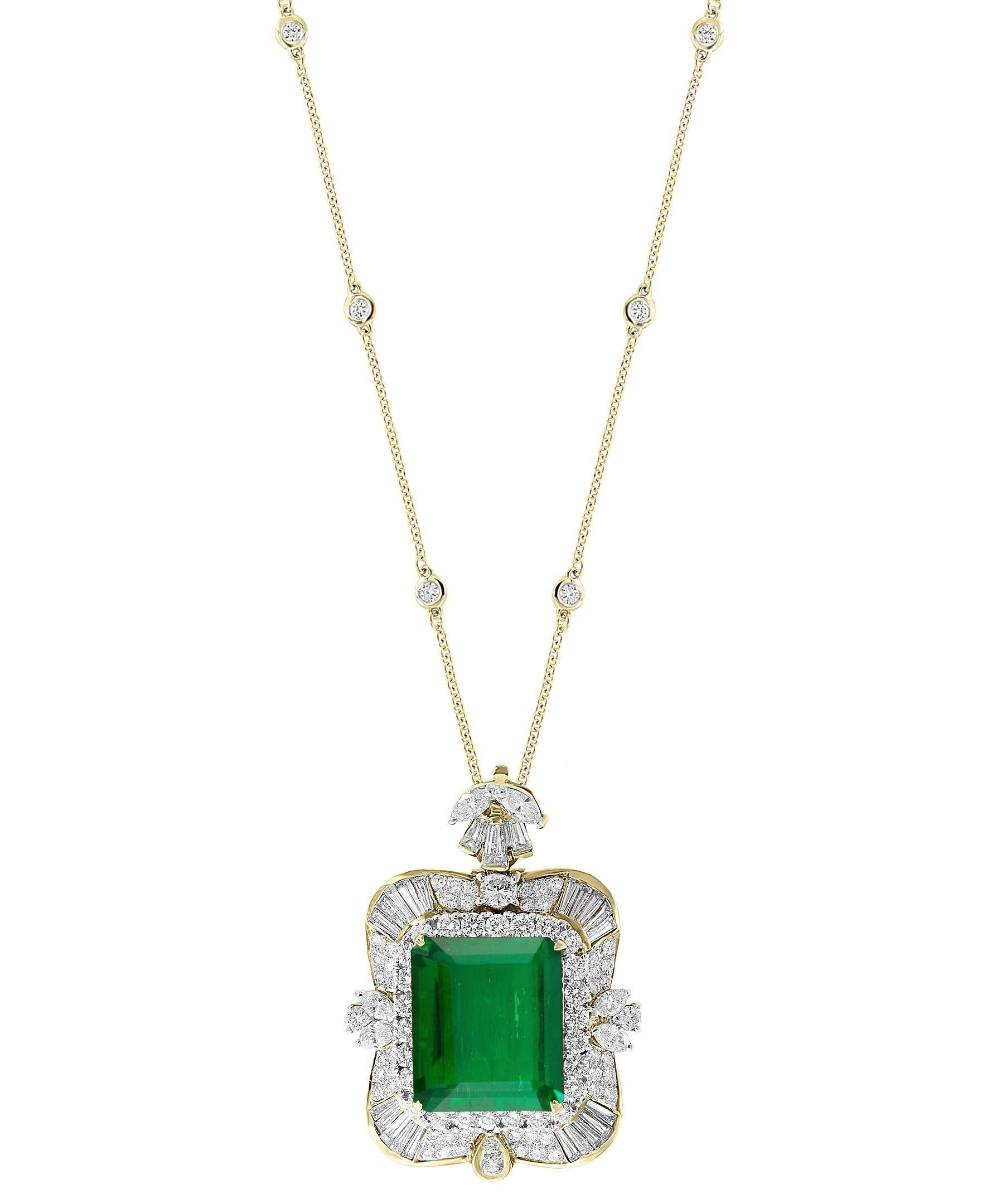 AGL Certified Minor 23.84 Ct Colombian Emerald & Diamond Pendent/Necklace Estate In Excellent Condition In New York, NY