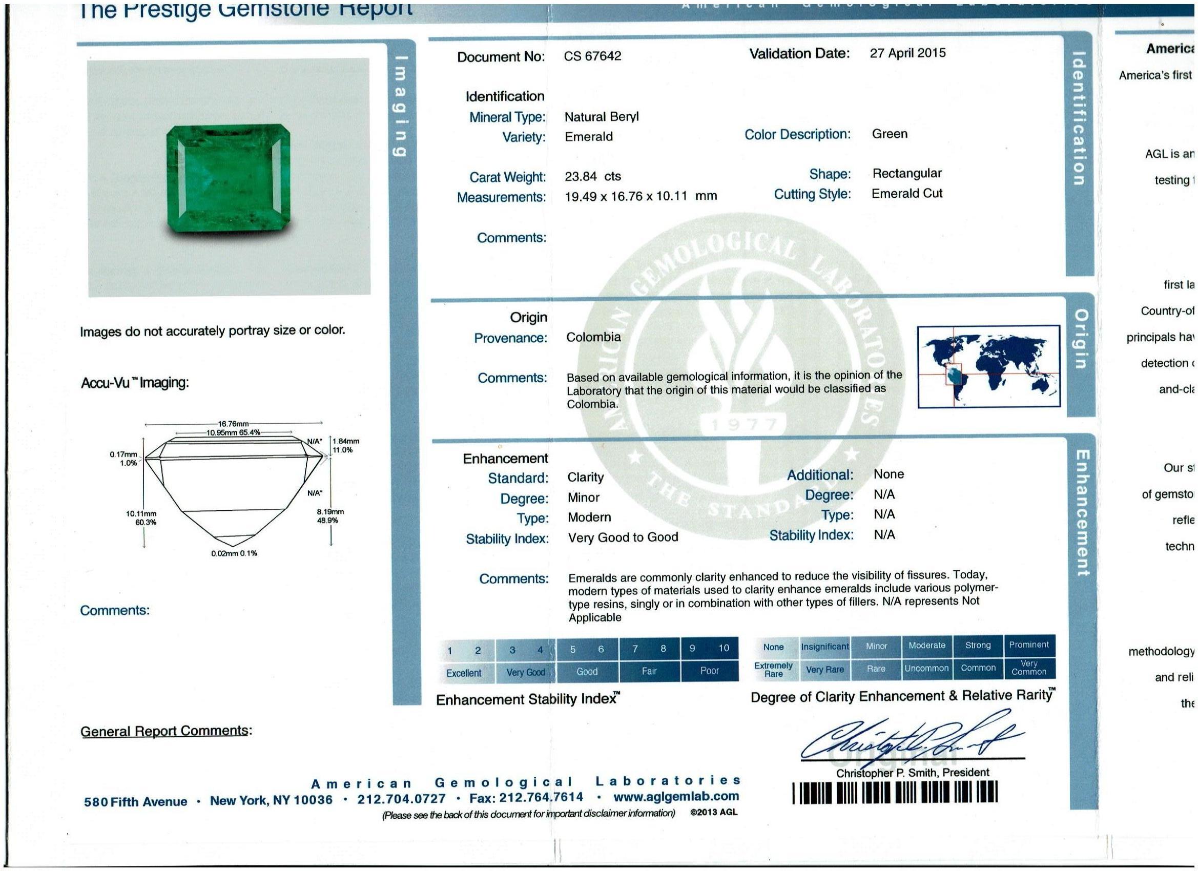 Emerald Cut AGL Certified Minor 23.84 Ct Colombian Emerald & Diamond Pendent/Necklace Estate For Sale