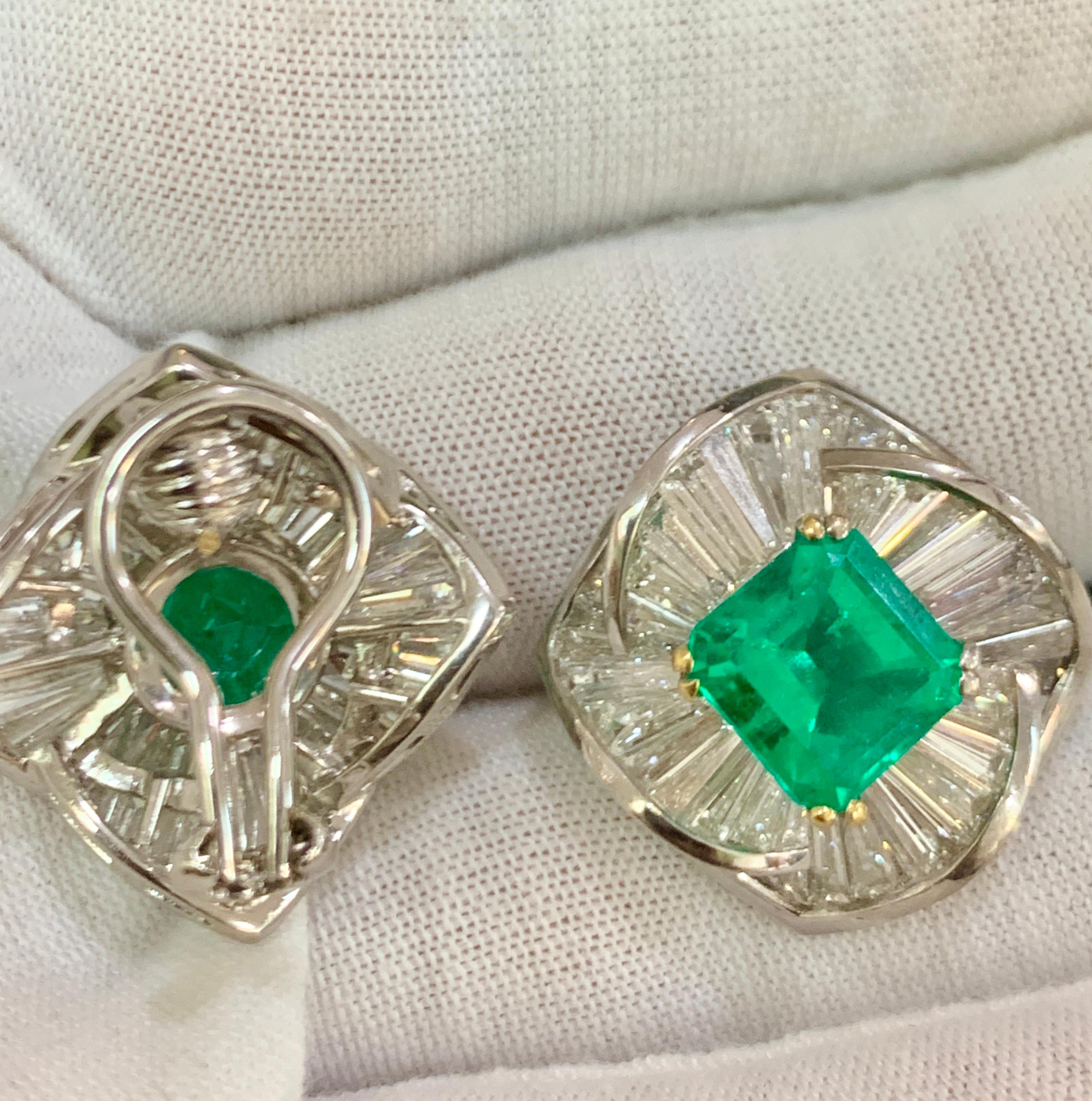 AGL Certified Minor 4ct Emerald Cut Colombian Emerald Diamond Earrings 18k Gold For Sale 7