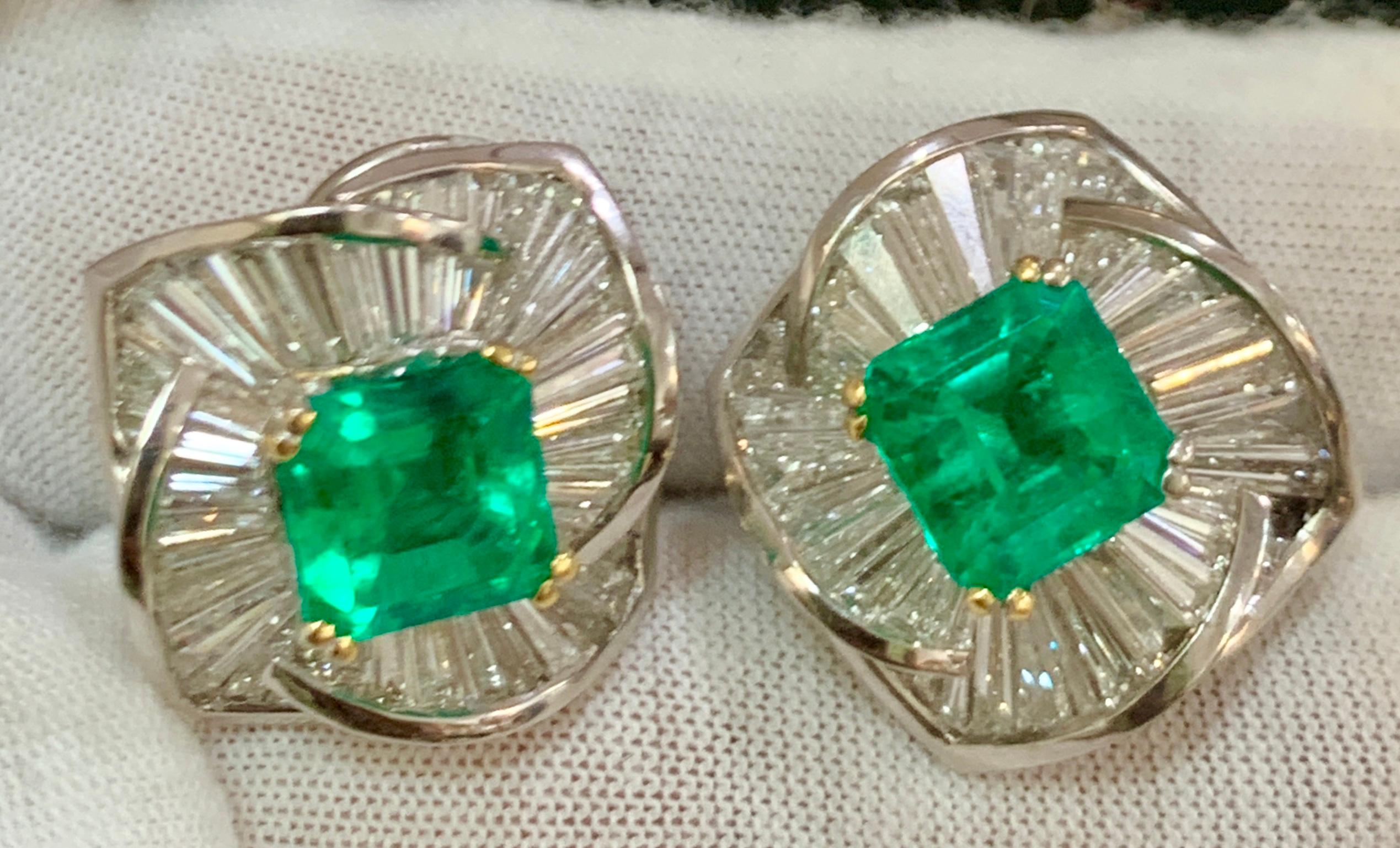 AGL Certified Minor 4ct Emerald Cut Colombian Emerald Diamond Earrings 18k Gold For Sale 8