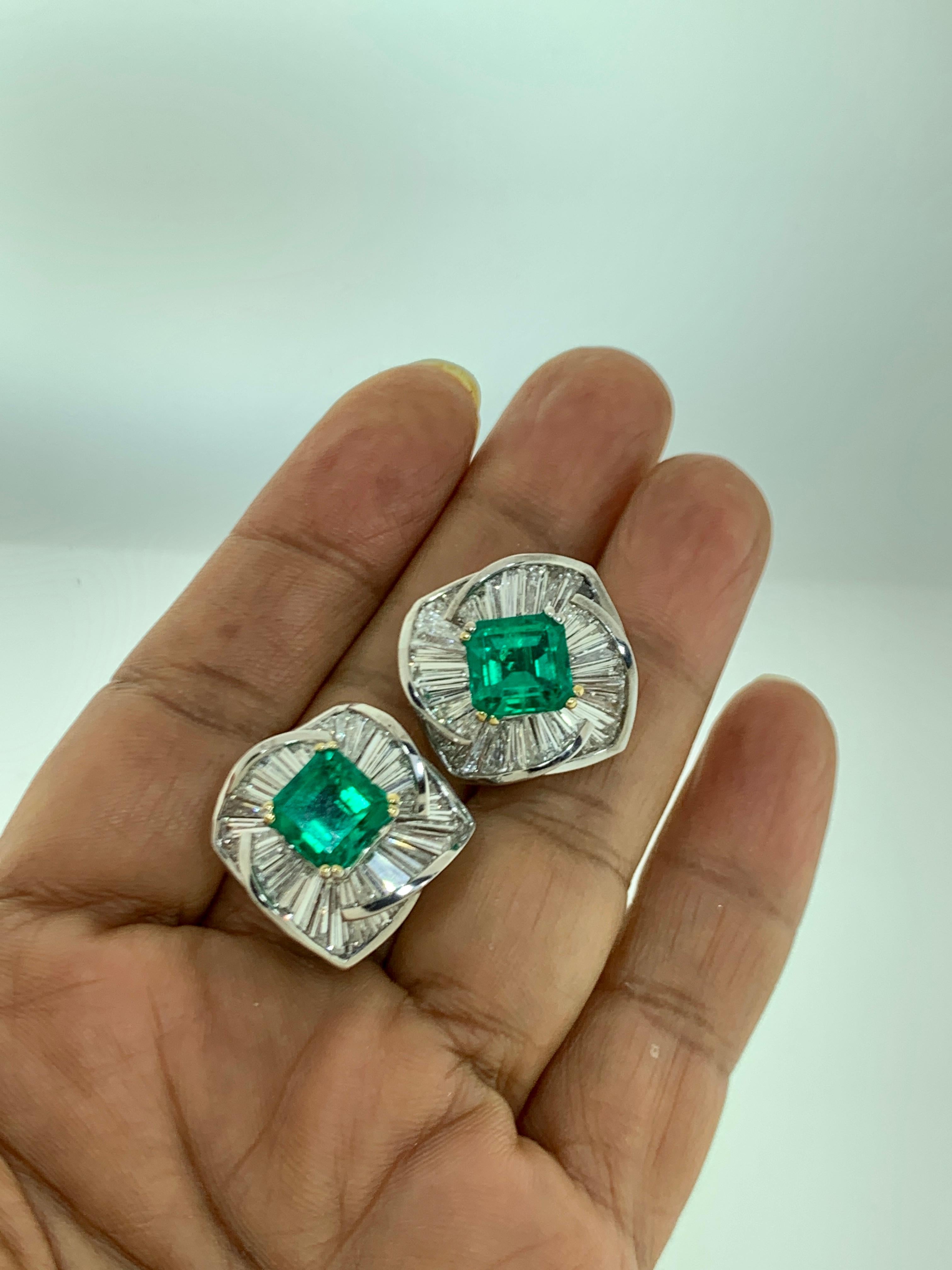 AGL Certified Minor 4ct Emerald Cut Colombian Emerald Diamond Earrings 18k Gold For Sale 9
