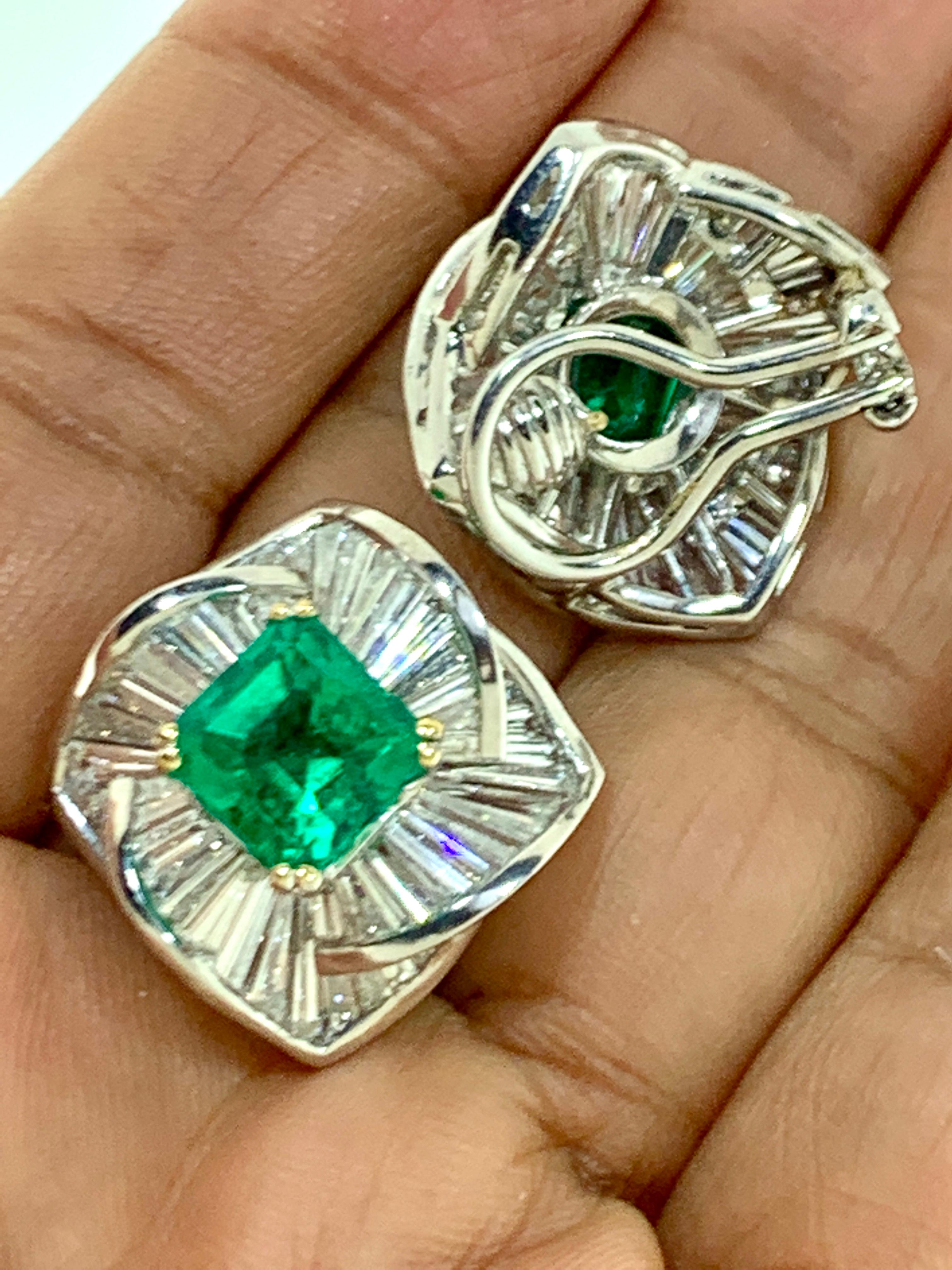 AGL Certified Minor 4ct Emerald Cut Colombian Emerald Diamond Earrings 18k Gold For Sale 10