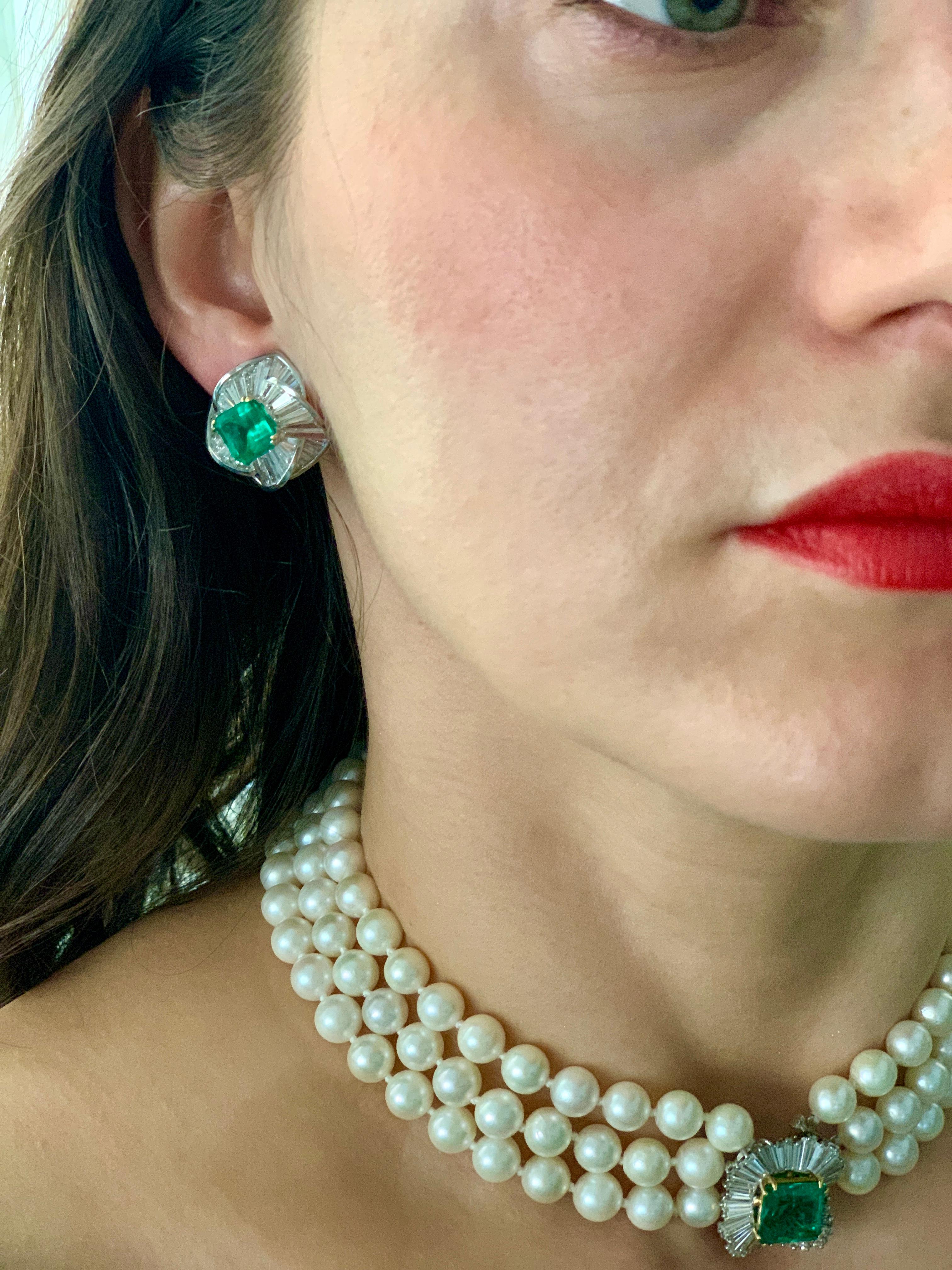 AGL Certified Minor 4ct Emerald Cut Colombian Emerald Diamond Earrings 18k Gold For Sale 15