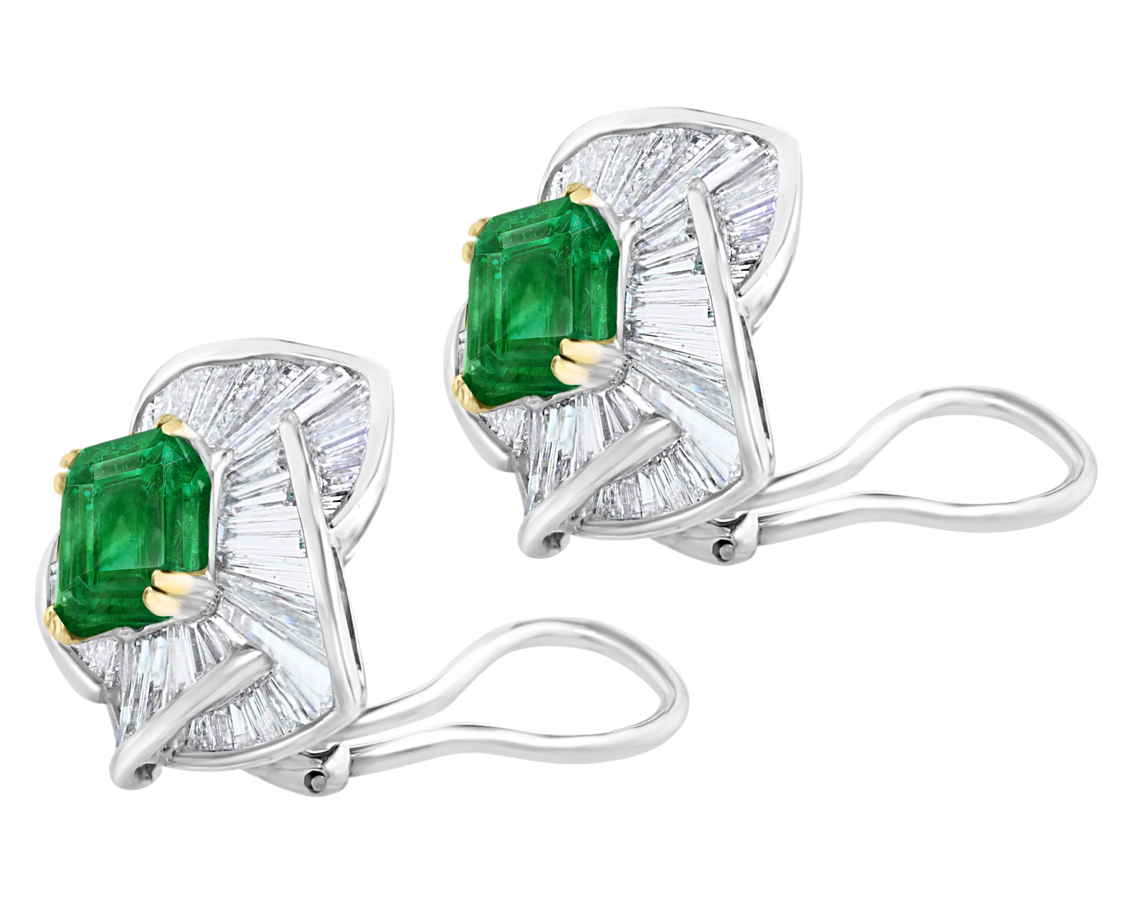 AGL Certified Minor 4ct Emerald Cut Colombian Emerald Diamond Earrings 18k Gold In Excellent Condition For Sale In New York, NY