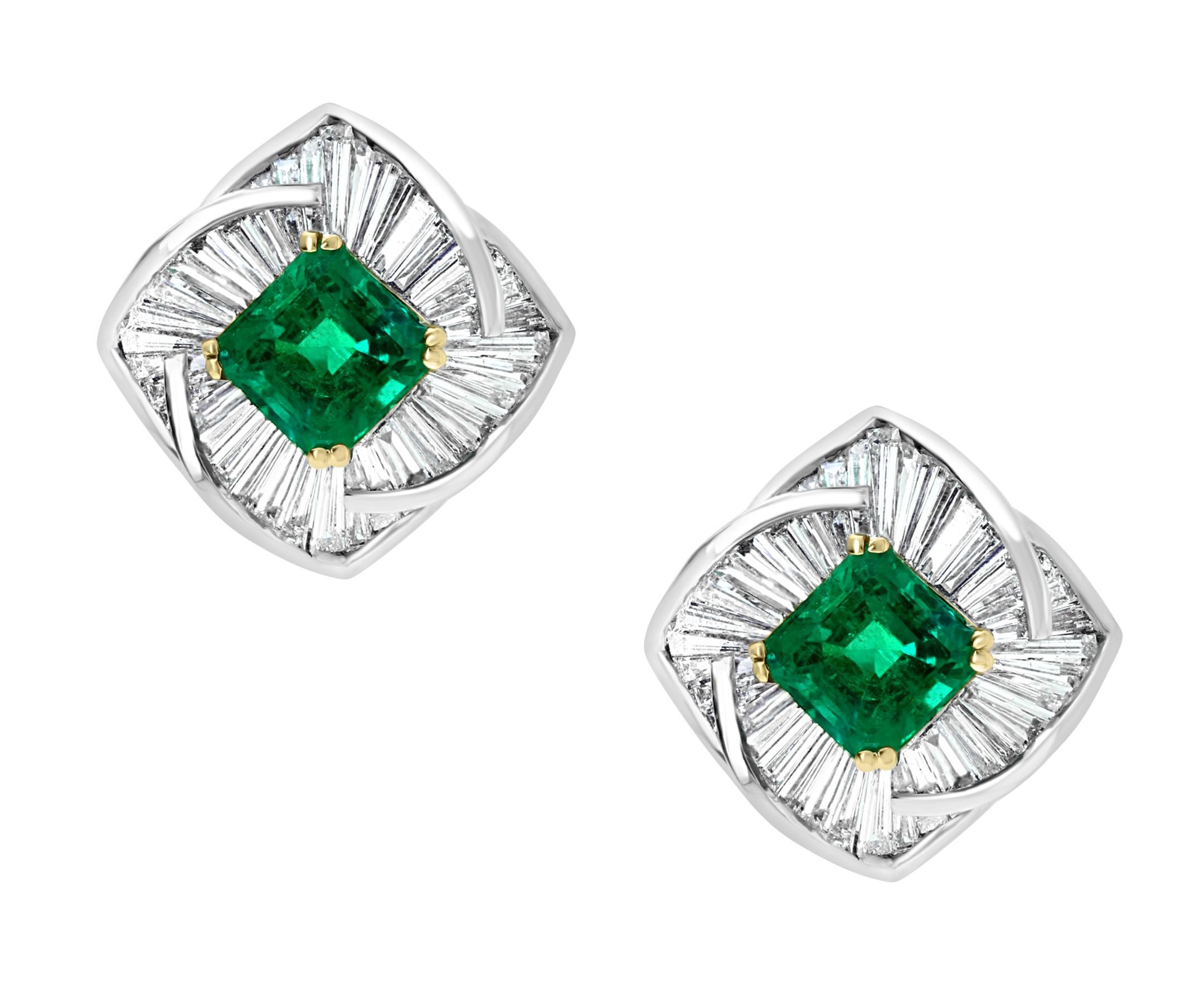 Women's AGL Certified Minor 4ct Emerald Cut Colombian Emerald Diamond Earrings 18k Gold For Sale